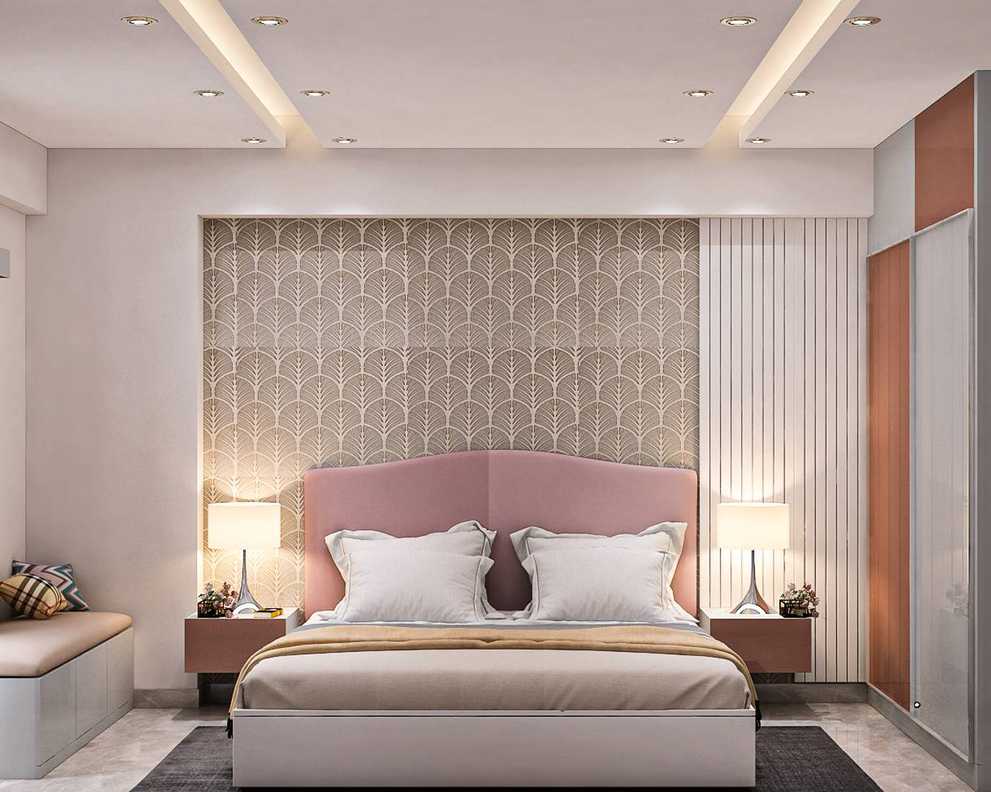 Modern Master Bedroom Design With Sliding Wardrobe And White Panels