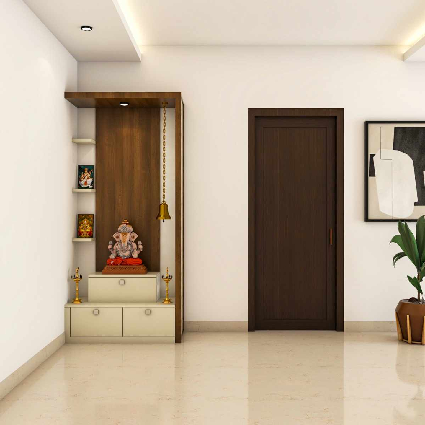 Traditional Mandir Design With Wooden Partition And Open Ledges | Livspace