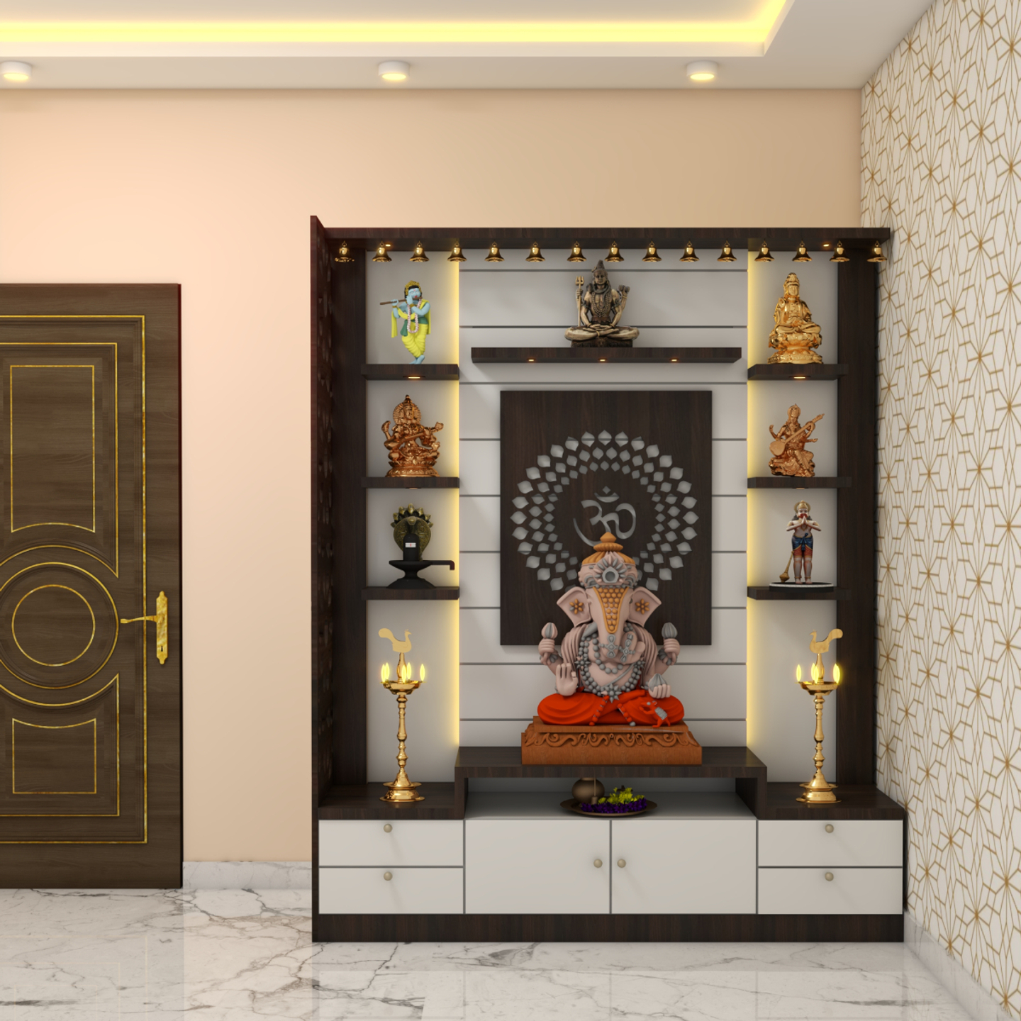 Modern Pooja Room Design in White and Wood Grain Laminate Livspace