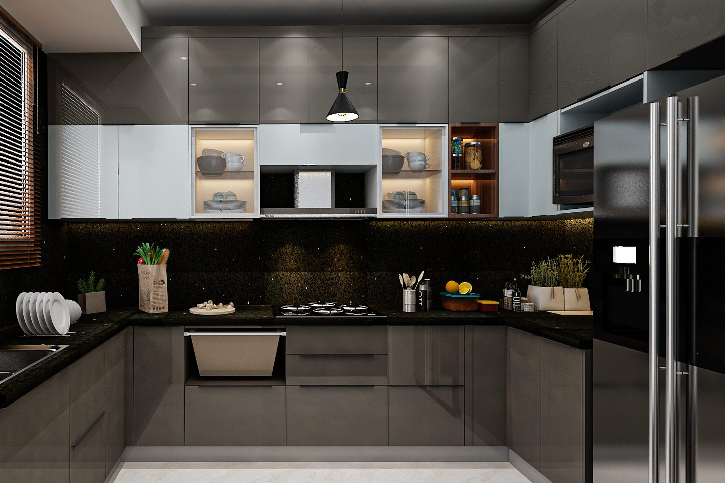 Spacious U-Shaped Kitchen Design With Dark Shades And Handleless ...