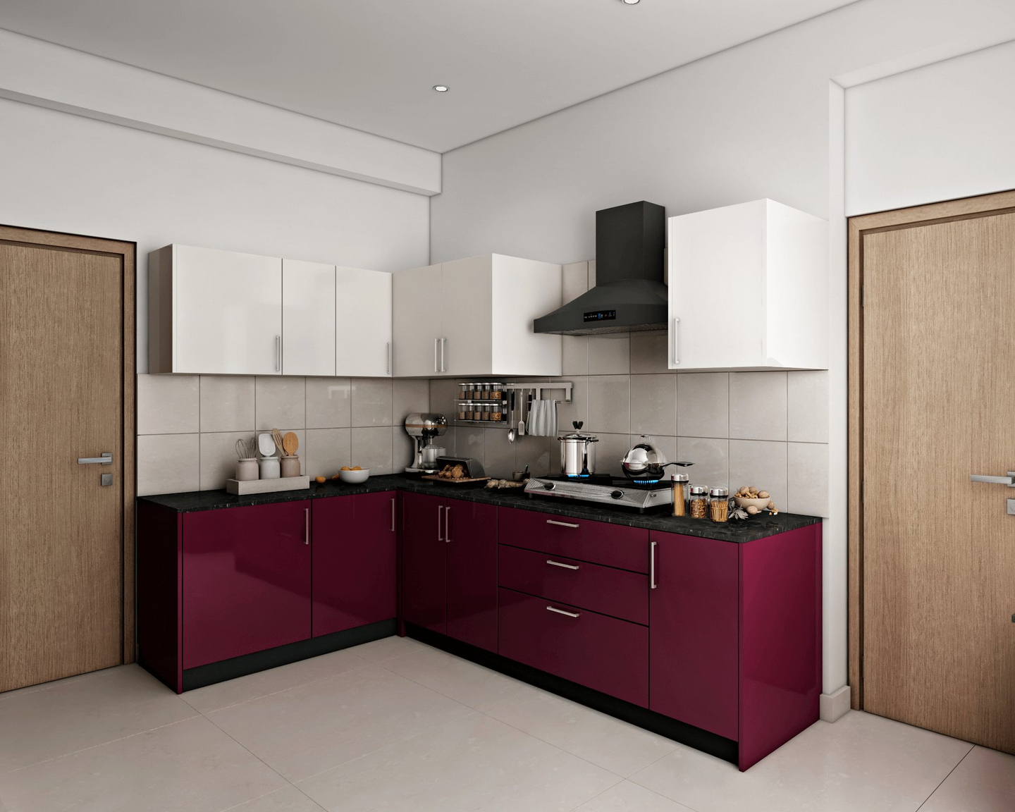 Red And White Contemporary Compact Kitchen Design | Livspace
