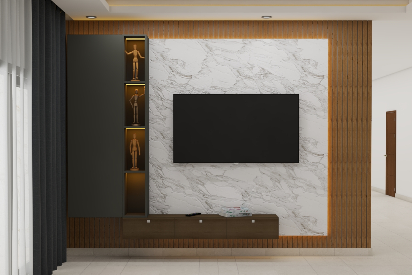 Modern Tv Unit Design With Marble Backdrop And Fluted Wooden Panels Livspace