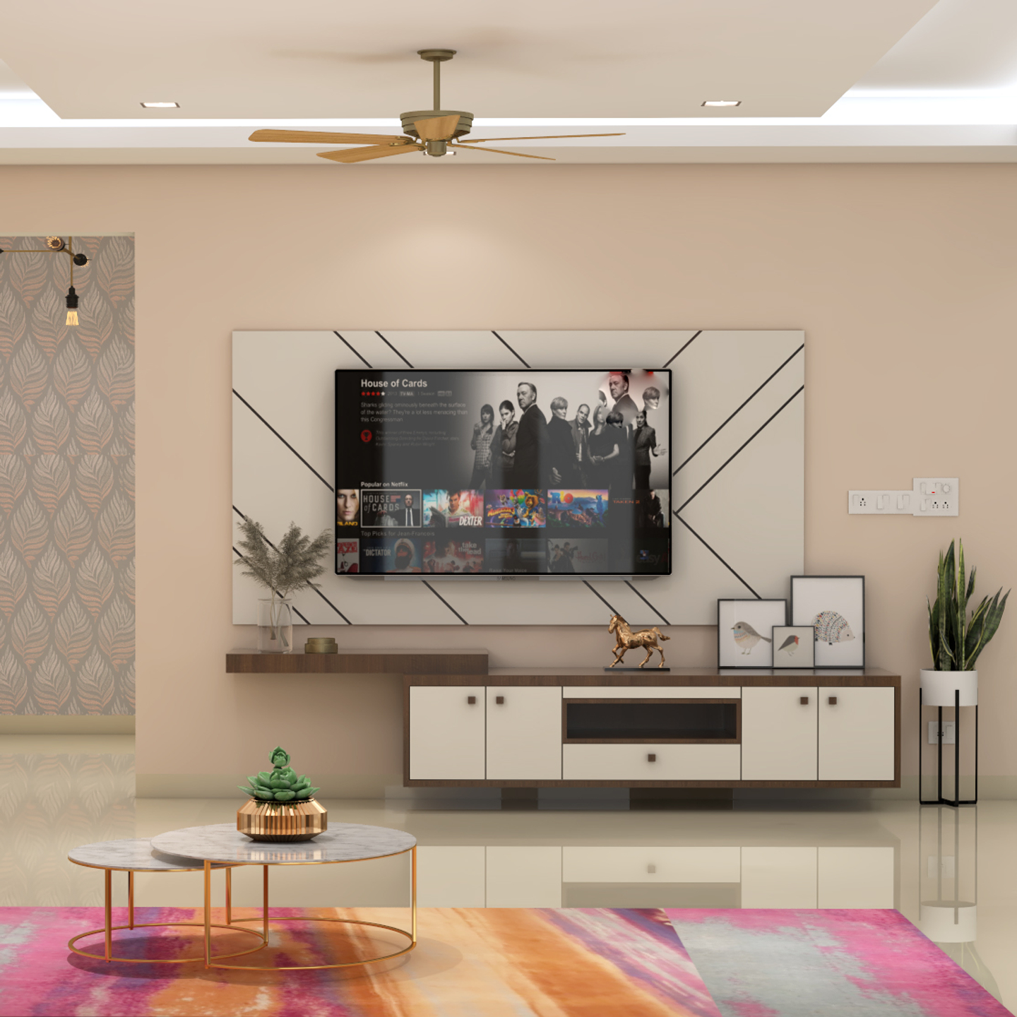 Compact TV Unit Design With Open Ledges And Striped Backdrop Livspace