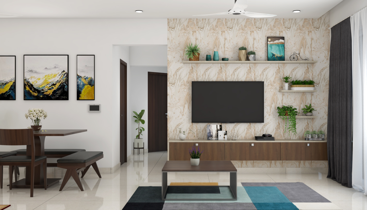 Spacious Beige and White TV Unit Design With Open Shelves Livspace