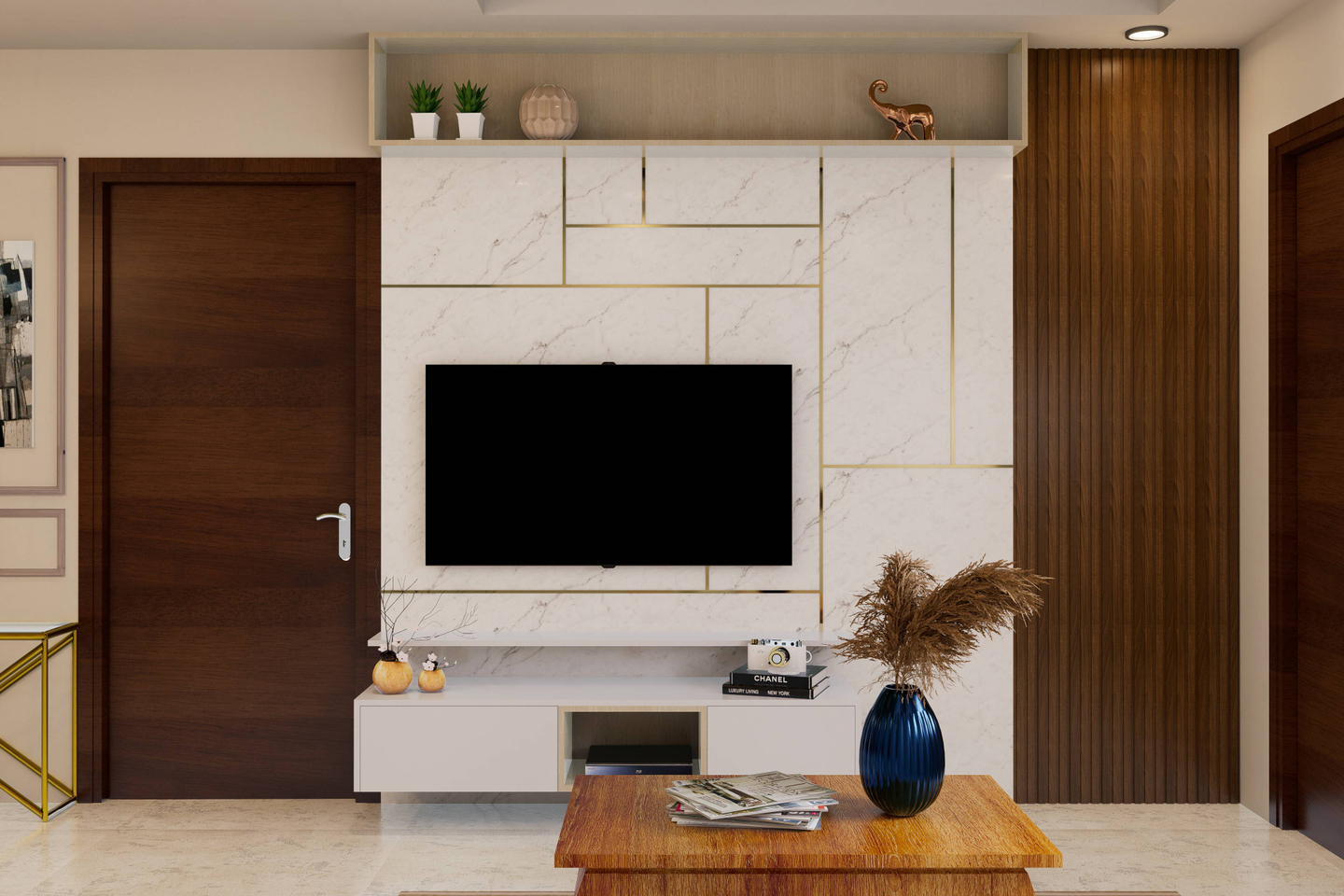 Contemporary TV Unit Design With White Marble Backsplash | Livspace