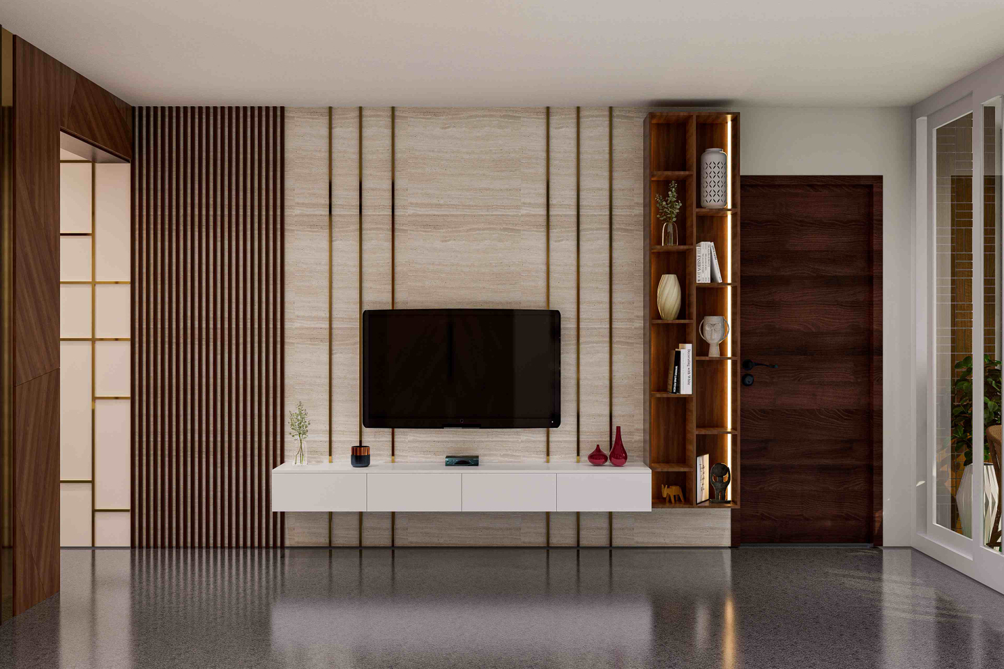 Modern TV Unit Design With Beige Wallpaper Livspace