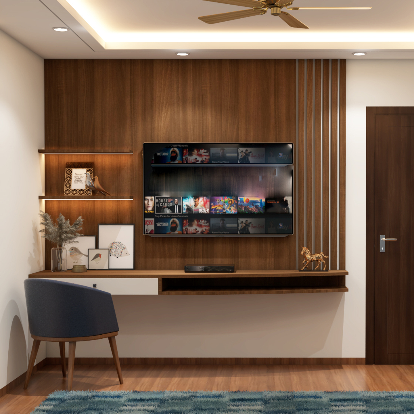 Classic TV Unit Design with Dark Brown Panel And WallMounted Ledges Livspace