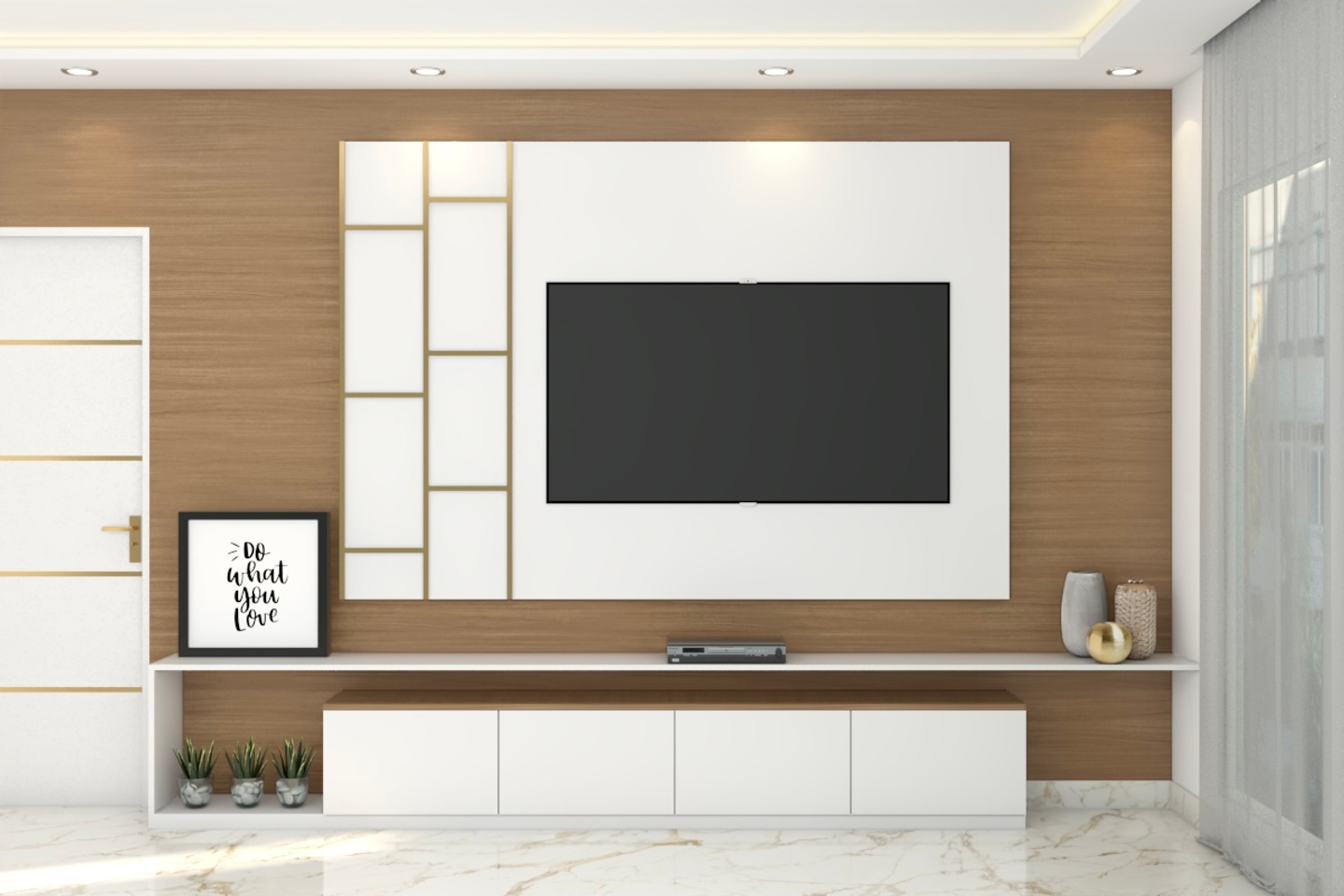 Contemporary TV Unit With White And Wooden Laminates Livspace