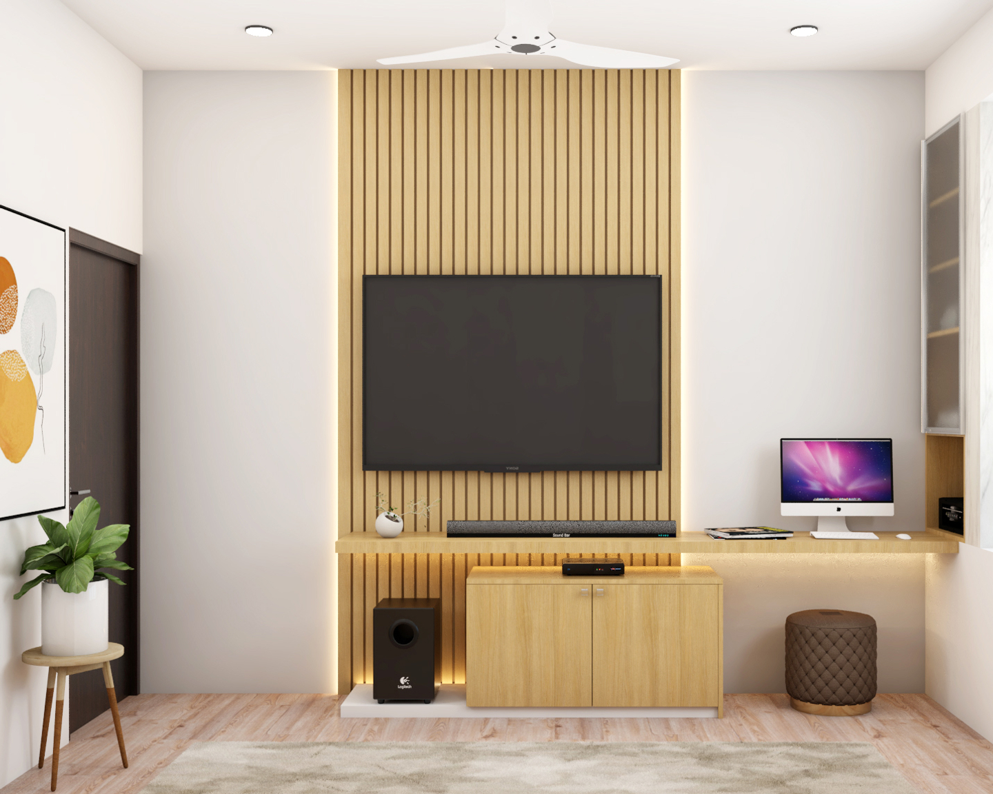 Modern TV Unit Design With Earthy Palette And Attached Study Livspace