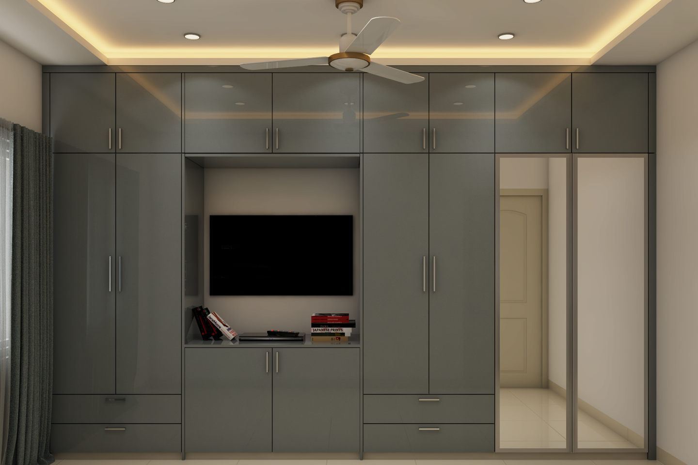 Modern Wardrobe Design with Mirrored Shutters and TV Unit Livspace
