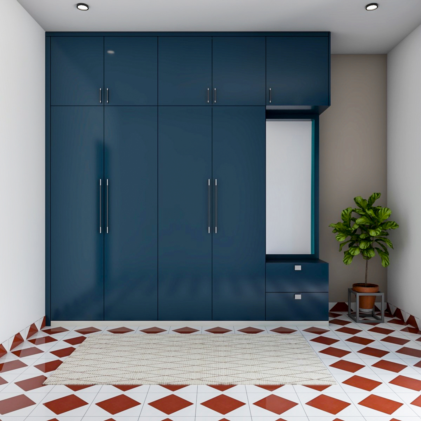 Spacious Blue Wardrobe Design With Patterned Flooring | Livspace