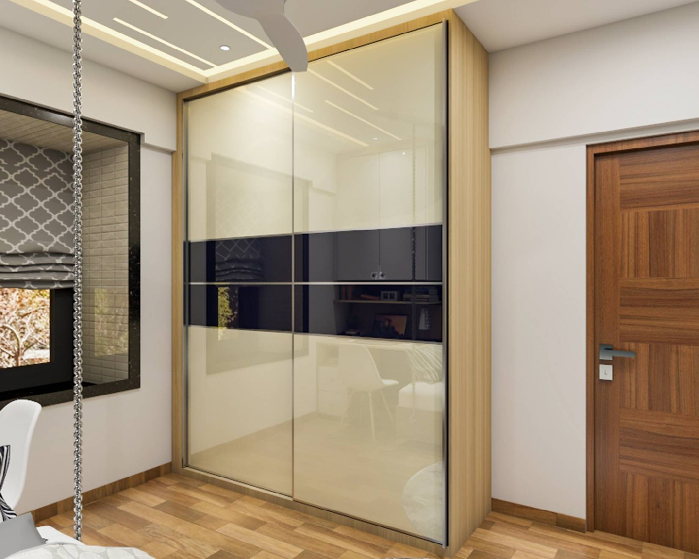 Modern Wardrobe Design with Creamy White and Dark Blue Shutters Livspace