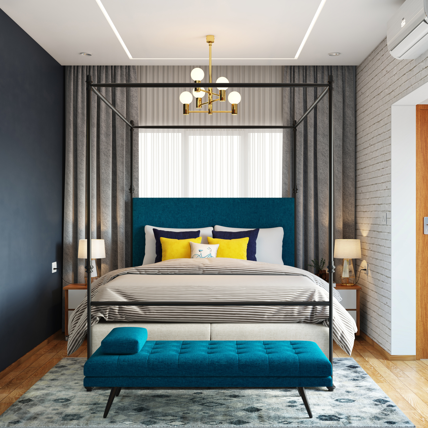 Modern Poster Bedroom Design With Dark Blue Accent Wall Livspace