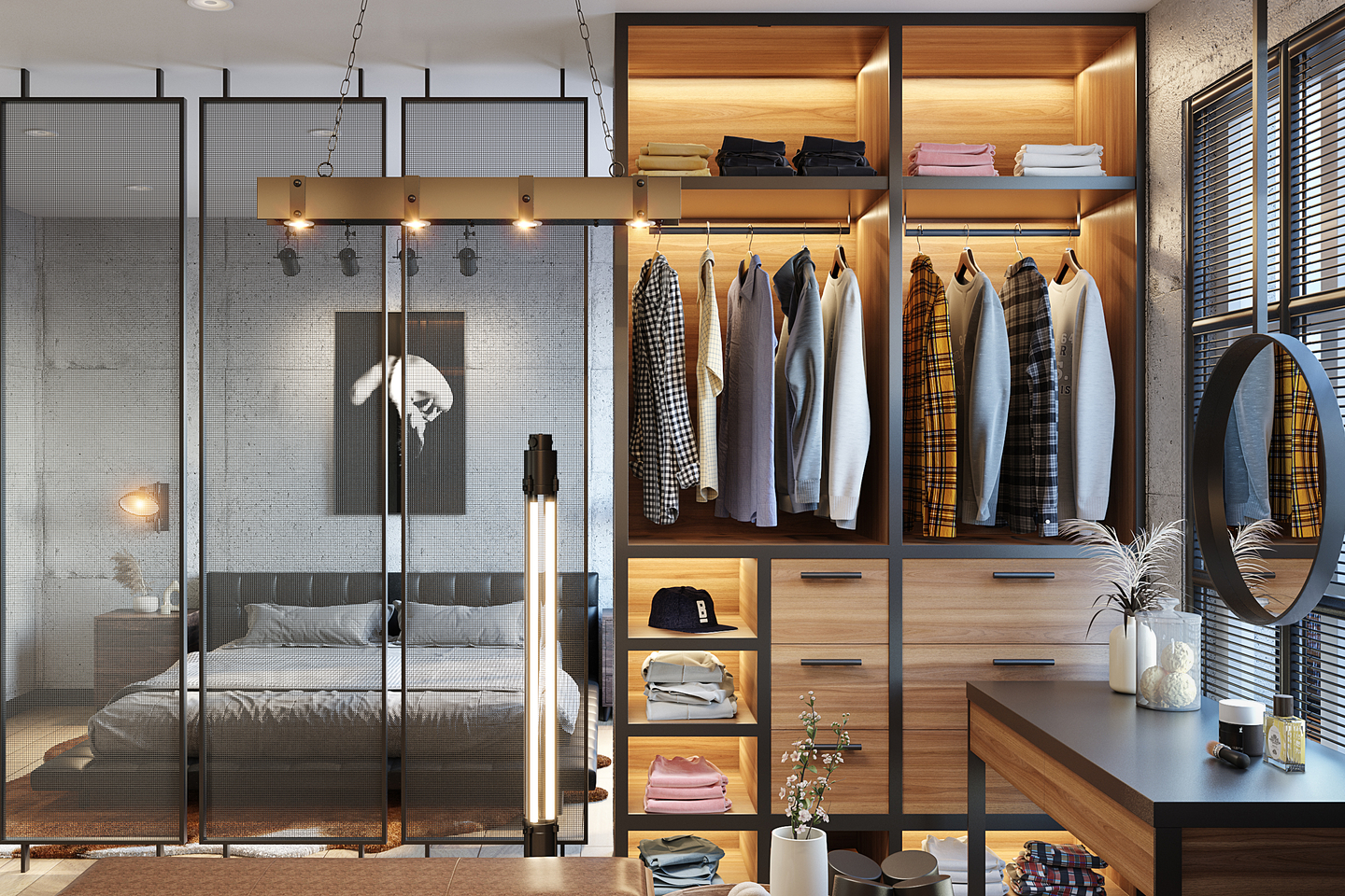 WalkIn Wardrobe Design With Circular Mirror And Focus Lights Livspace