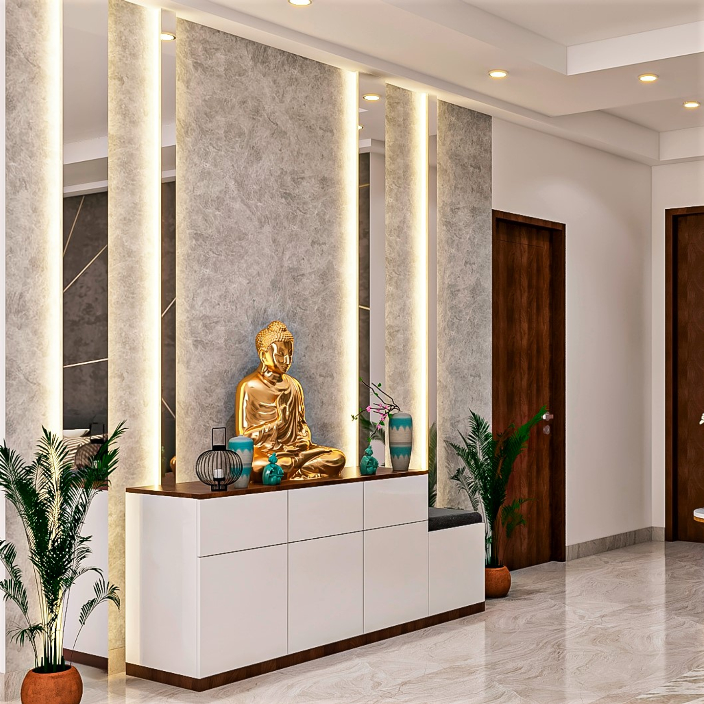 Contemporary Foyer with Buddha Statue and Mirrors on the Wall Livspace