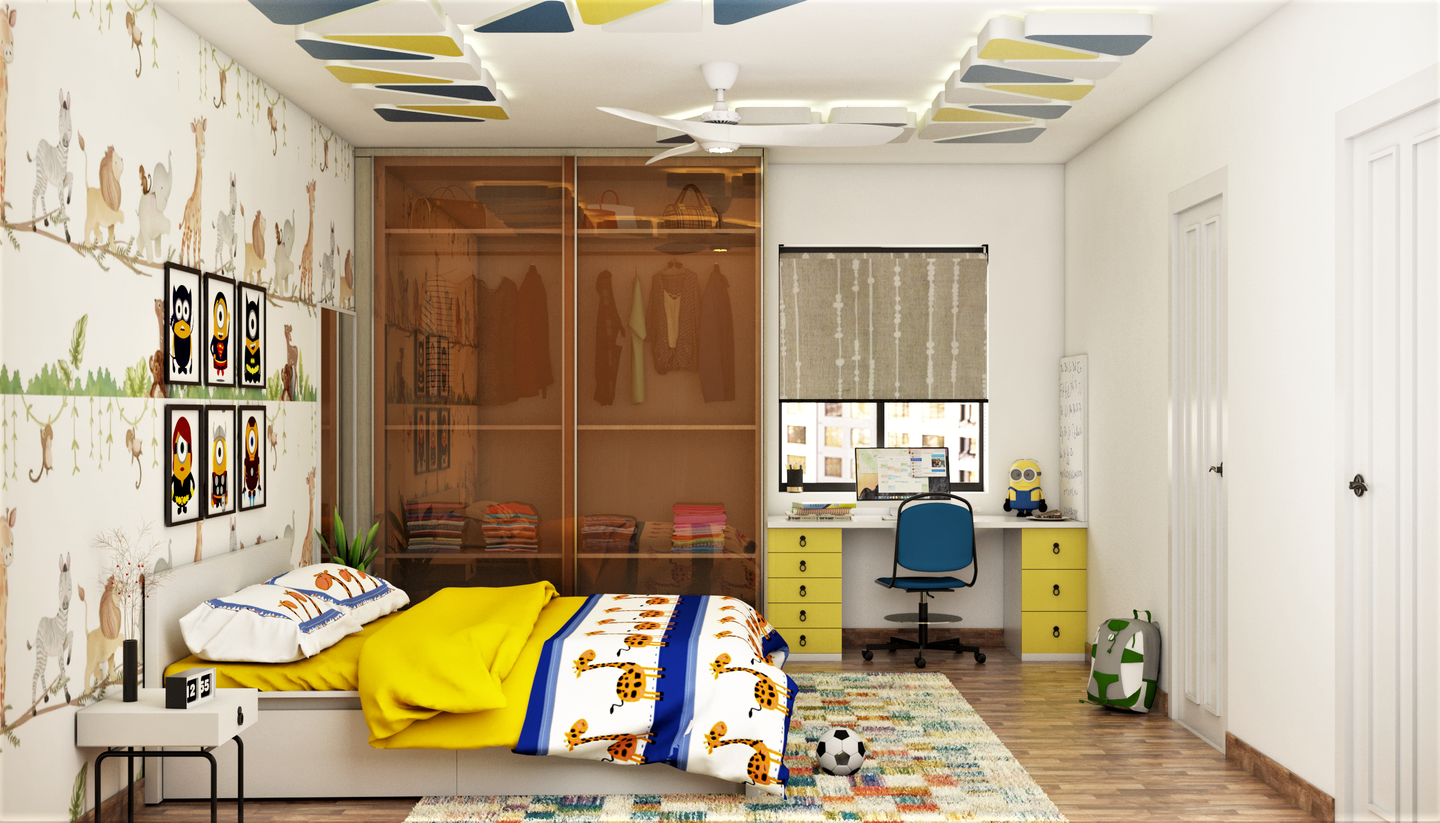 Modern and Spacious Kids Bedroom with Glass Tinted Wardrobe Livspace