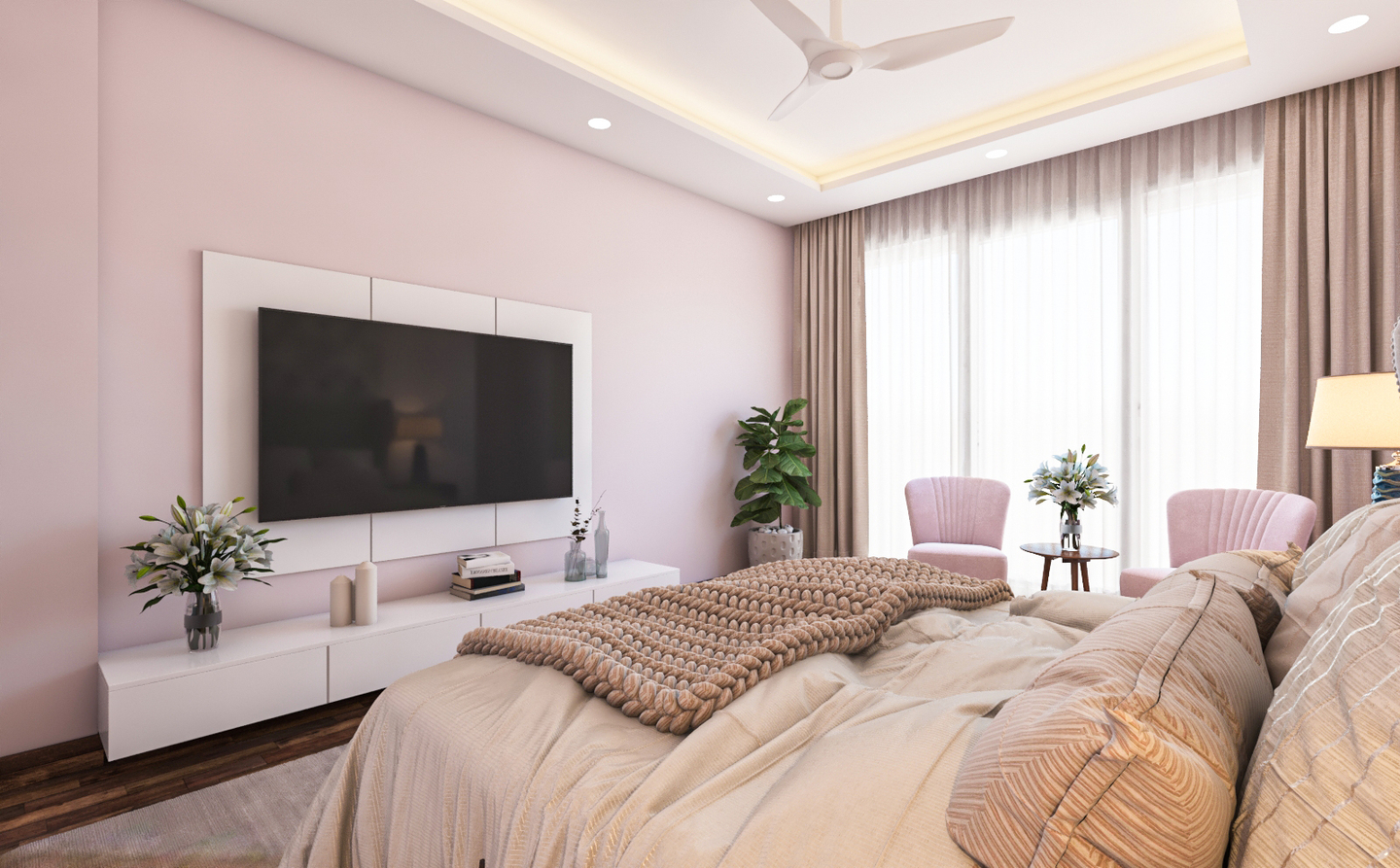 FloralThemed Bedroom with Pink Trims and Sophisticated TV Unit Livspace