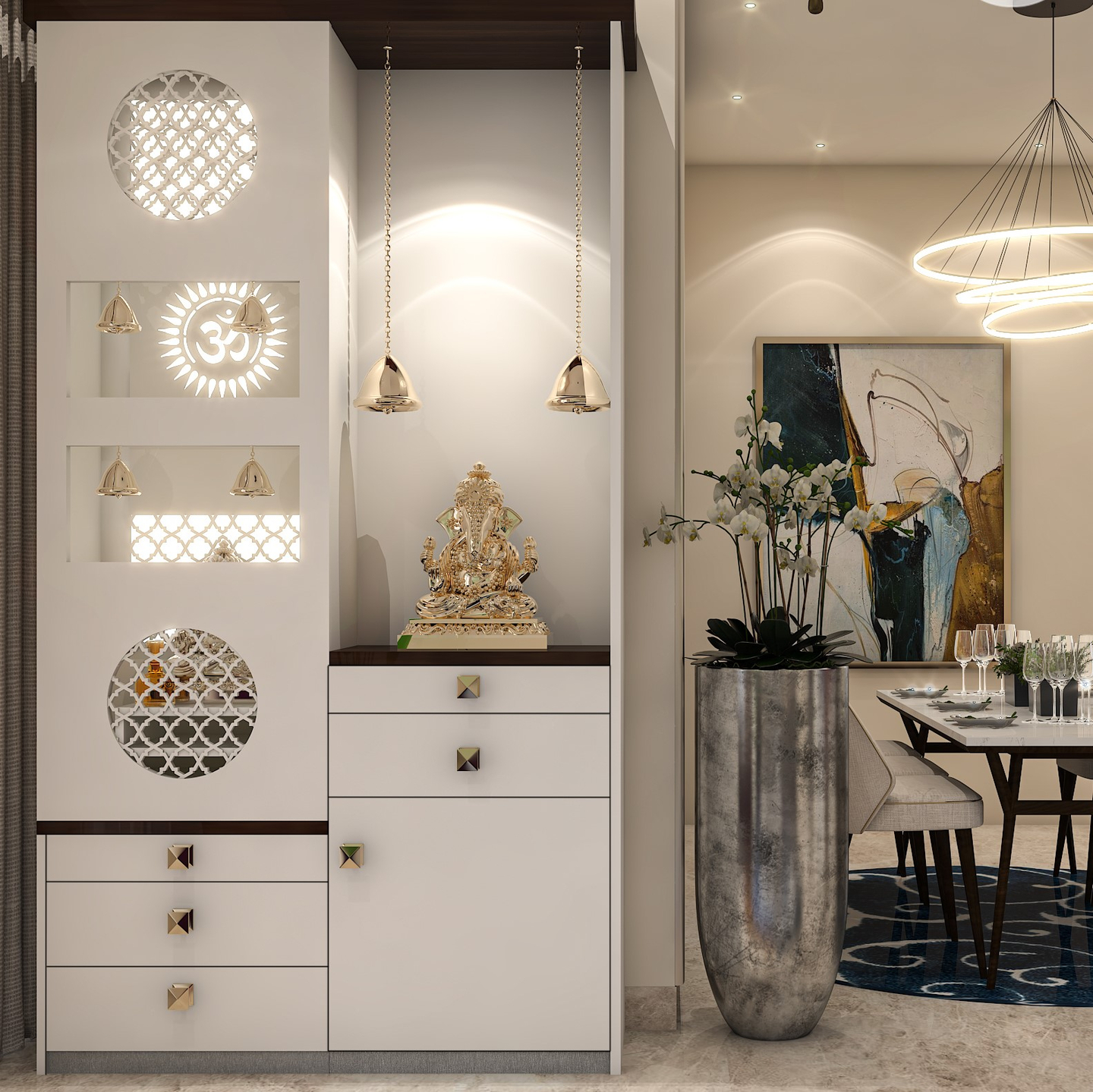 White Themed Pooja Room with Intricate Carvings and Golden Accents