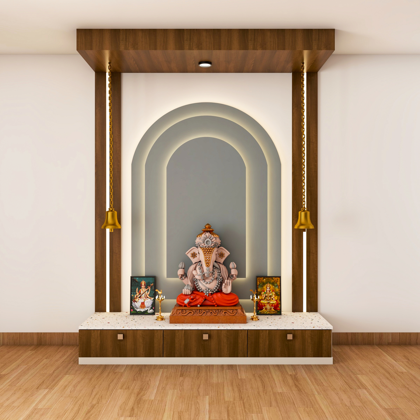 Modern Wooden Pooja Mandir with Grey Backdrop and Ample Storage | Livspace