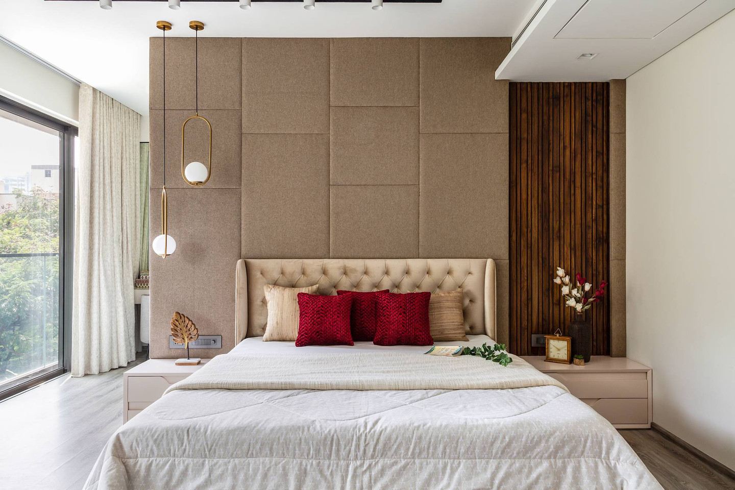 Master Bedroom Design With Fluted Wood Panelling For The Headboard Wall ...