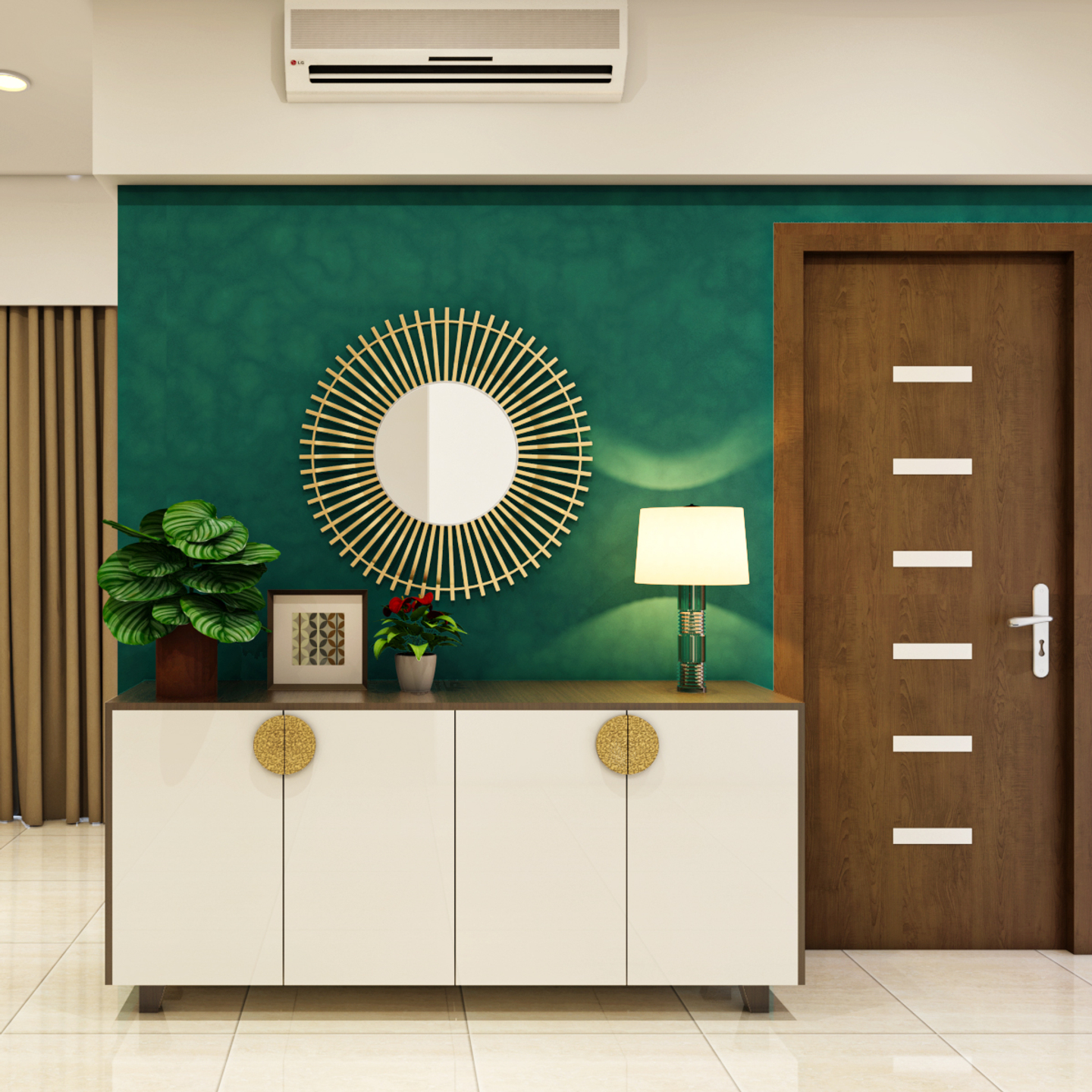 Foyer Design With Bold Green Foyer Wall And Storage
