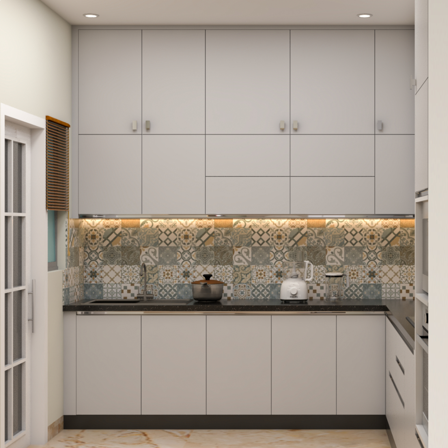 Compact Kitchen Design With A Black Granite Countertop | Livspace