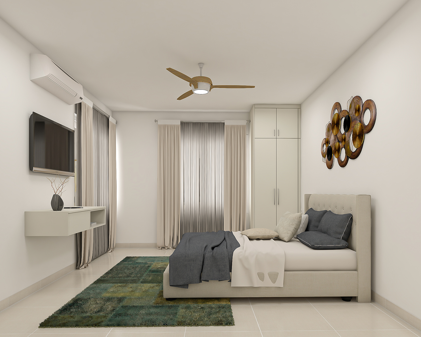 NeutralToned Guest Bedroom With A TV Unit Livspace