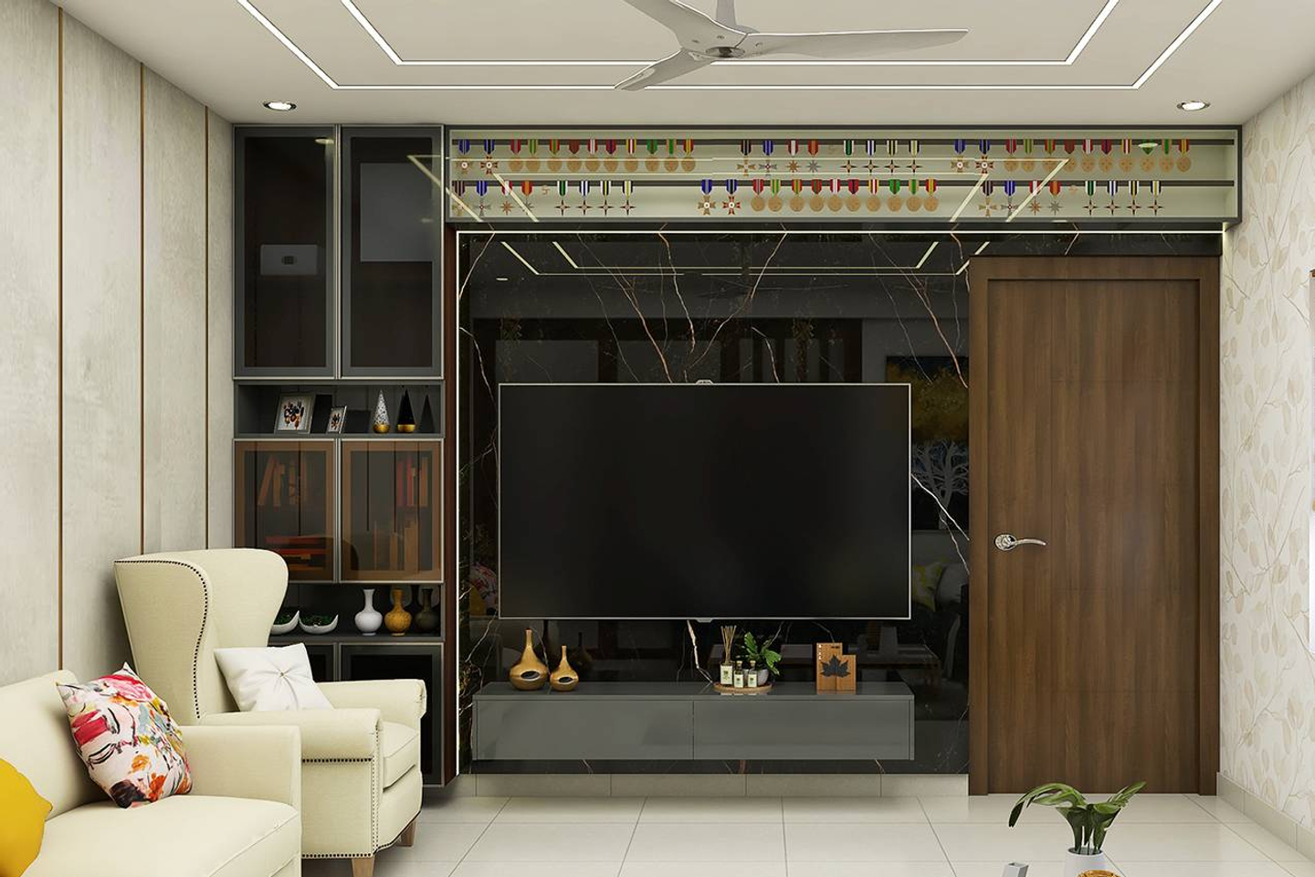 Spacious TV Unit Design With Glossy Glass Unit | Livspace