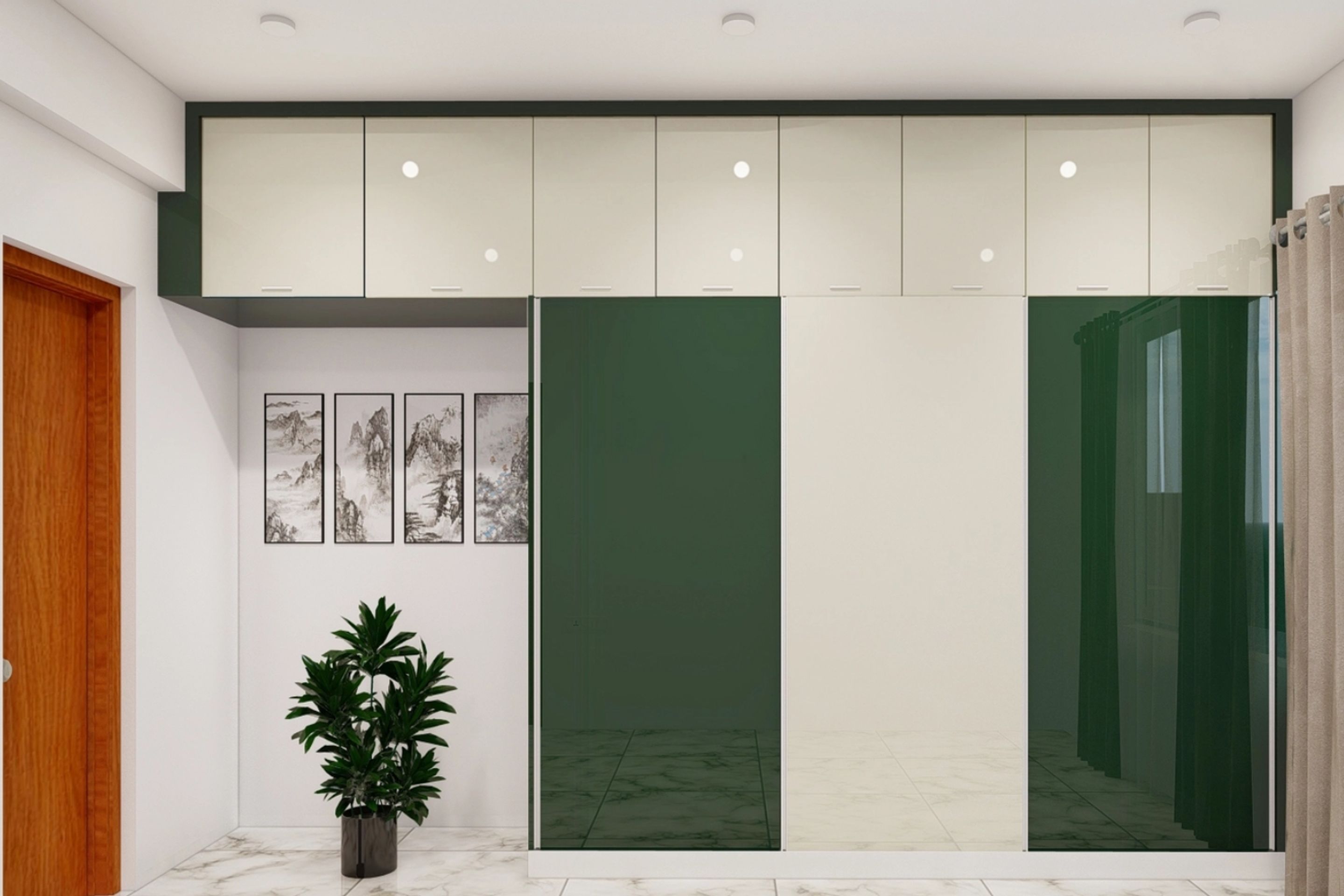 Green And White Sliding Door Modern Wardrobe Design With Loft 