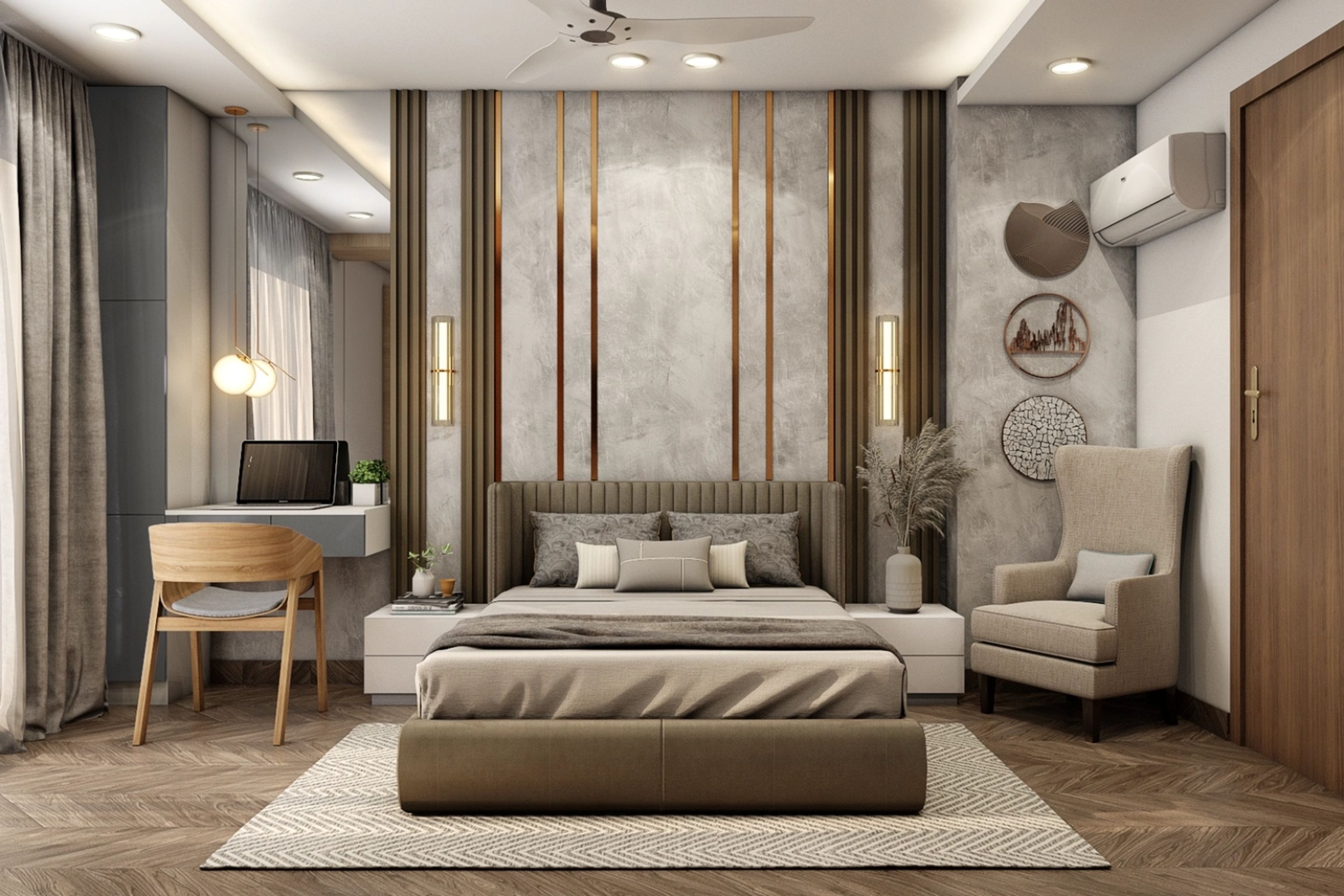 Spacious Master Bedroom Design With Grey Accent Wall And Panelling ...