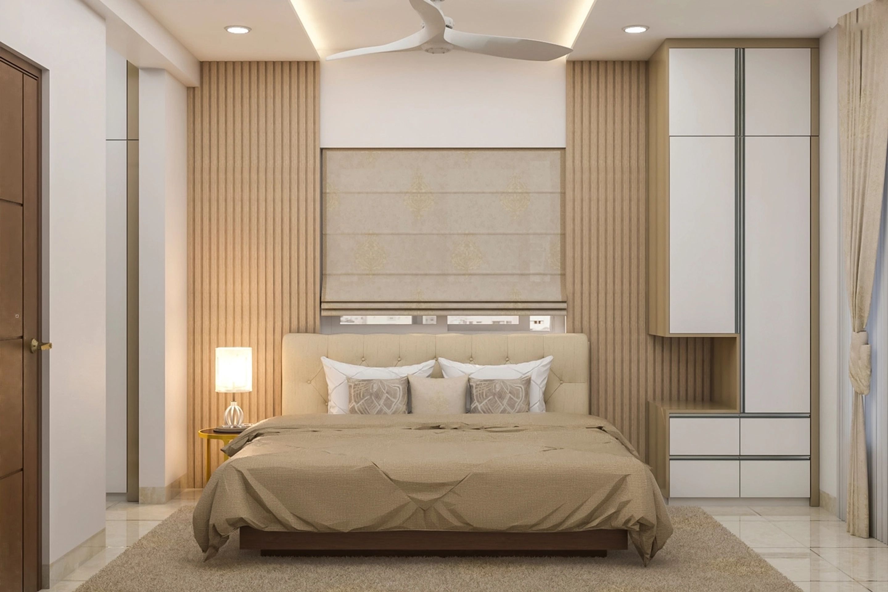 Brown Modern Spacious Master Bedroom Design With Fluted Wall Panels