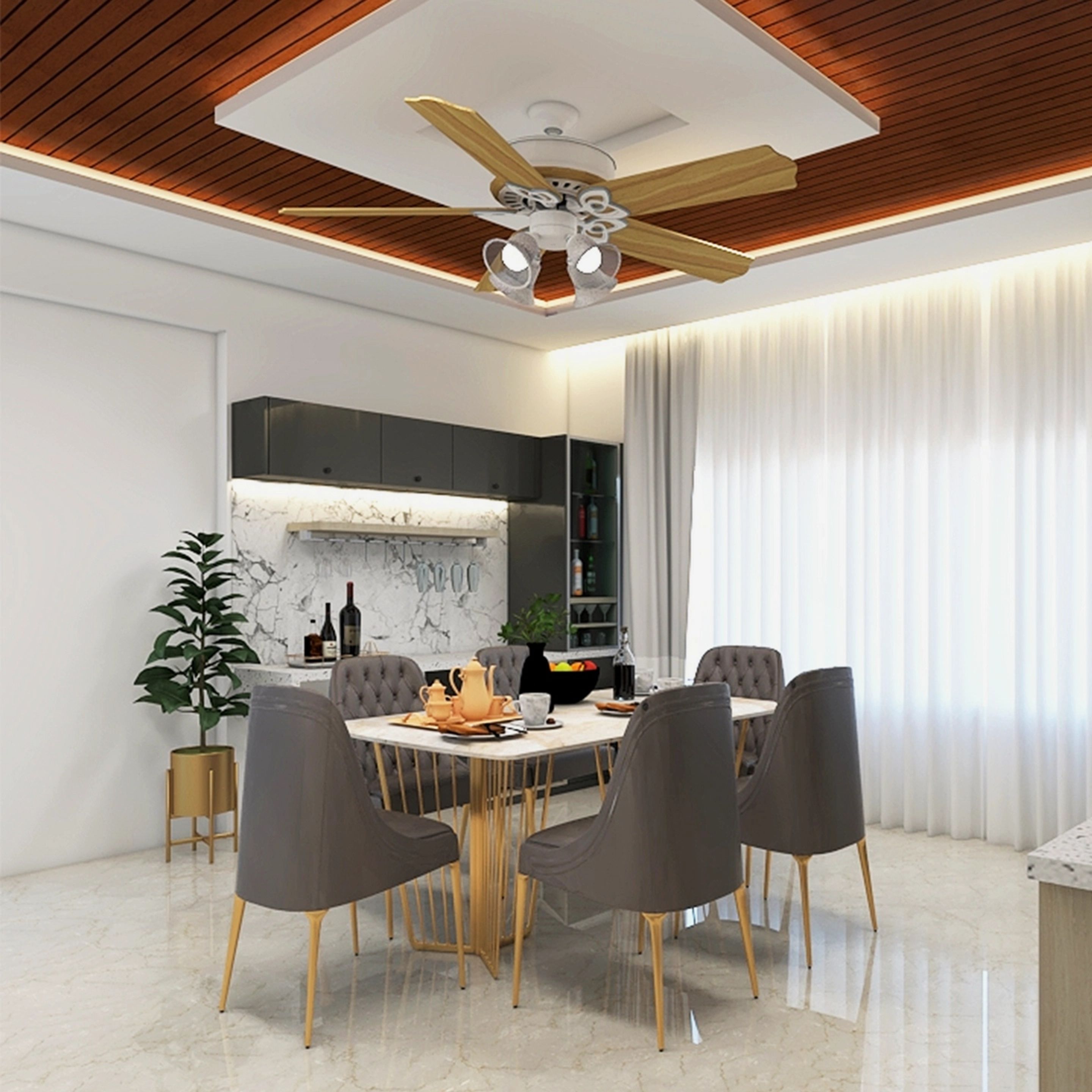 Wooden Ceiling 6-Seater Modern Dining Room Design with Crockery Unit ...