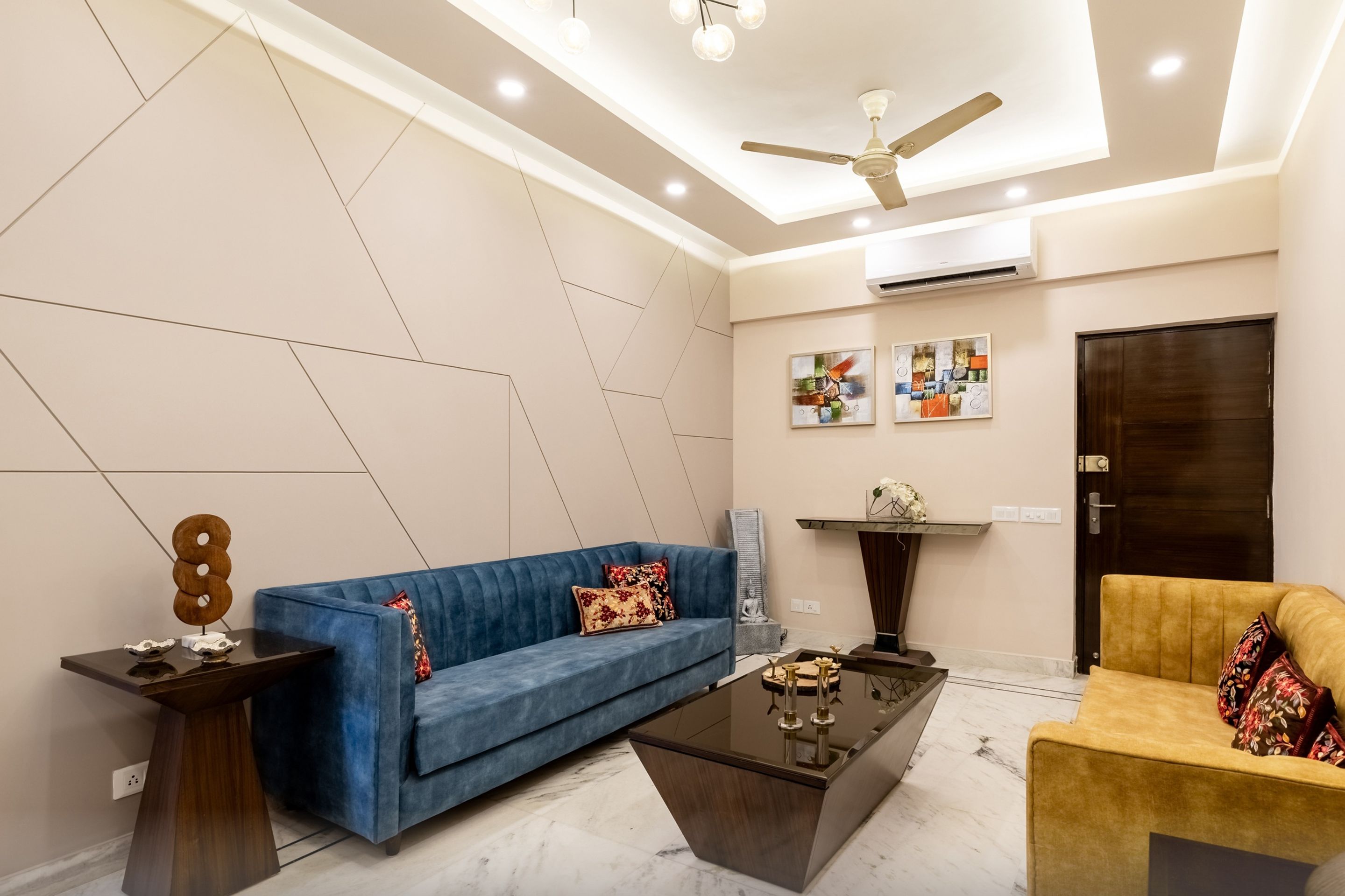Grey Living Room Wall Design With Wall Panel | Livspace