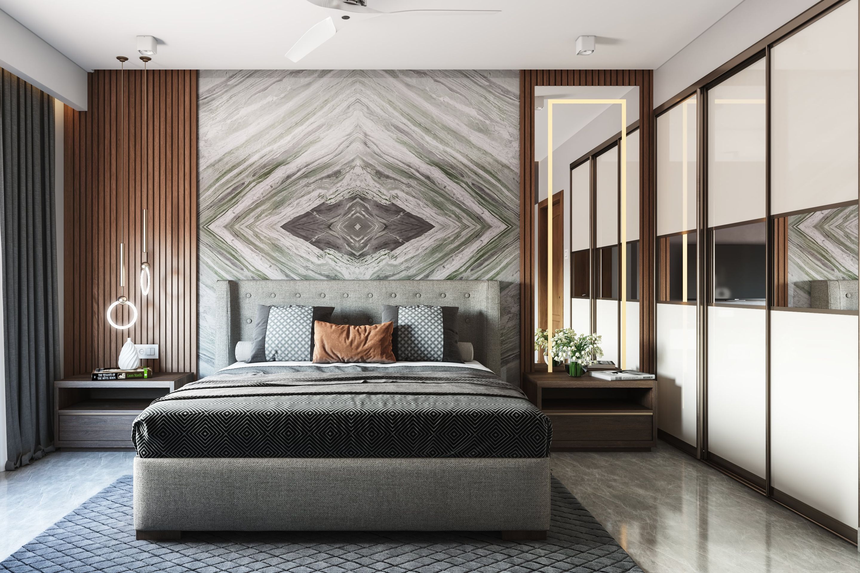 Master Bedroom Design With Elegant Marble Wall Tile - 14x16 Ft | Livspace