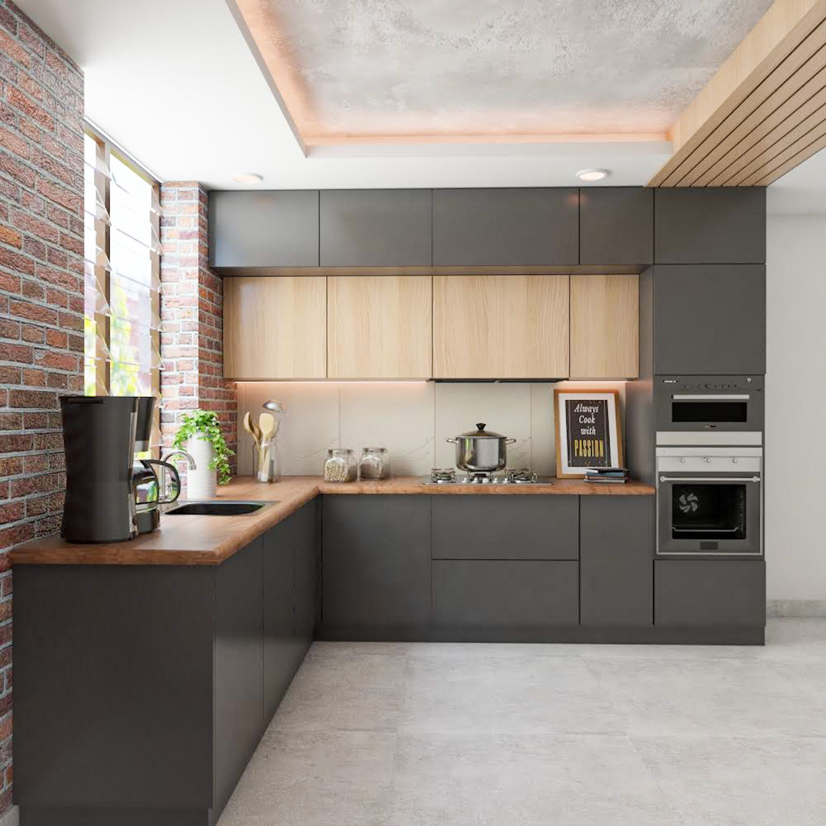 L-Shaped Kitchen Design With Modern Grey And Brown Cabinets | Livspace