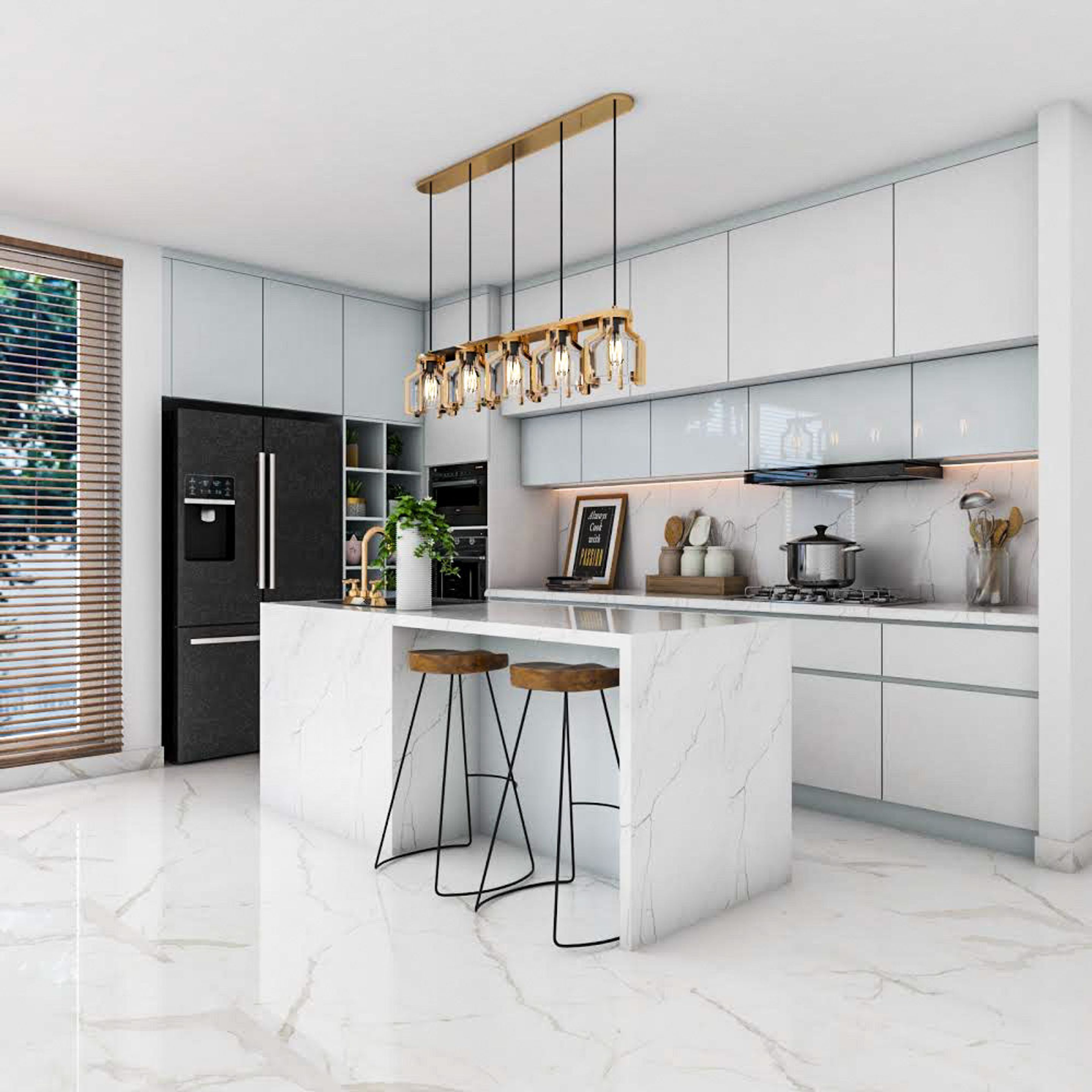 AllWhite Kitchen Island Design With Two High Chairs Livspace