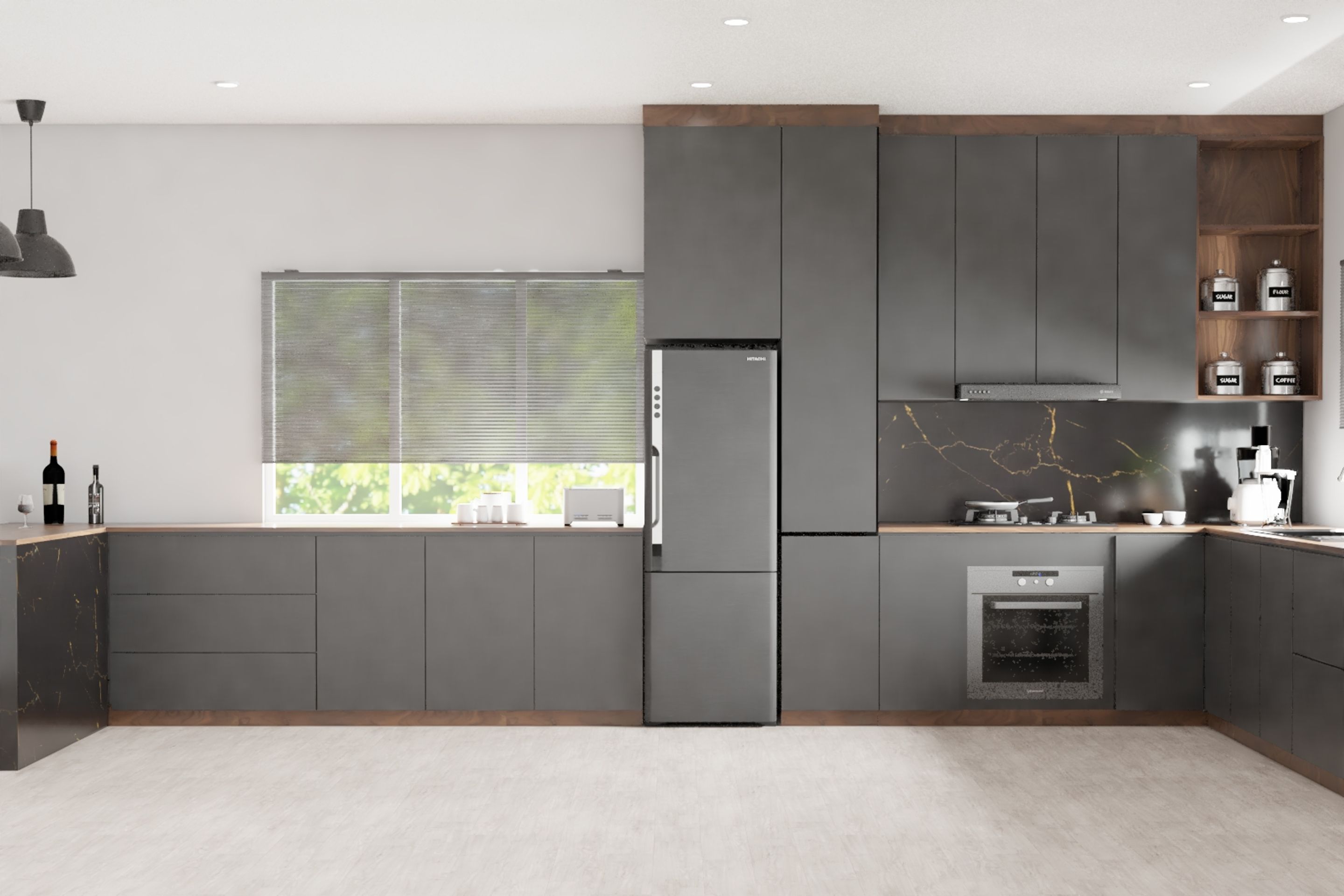 Spacious Grey-Themed Kitchen Design With Open Layout | Livspace