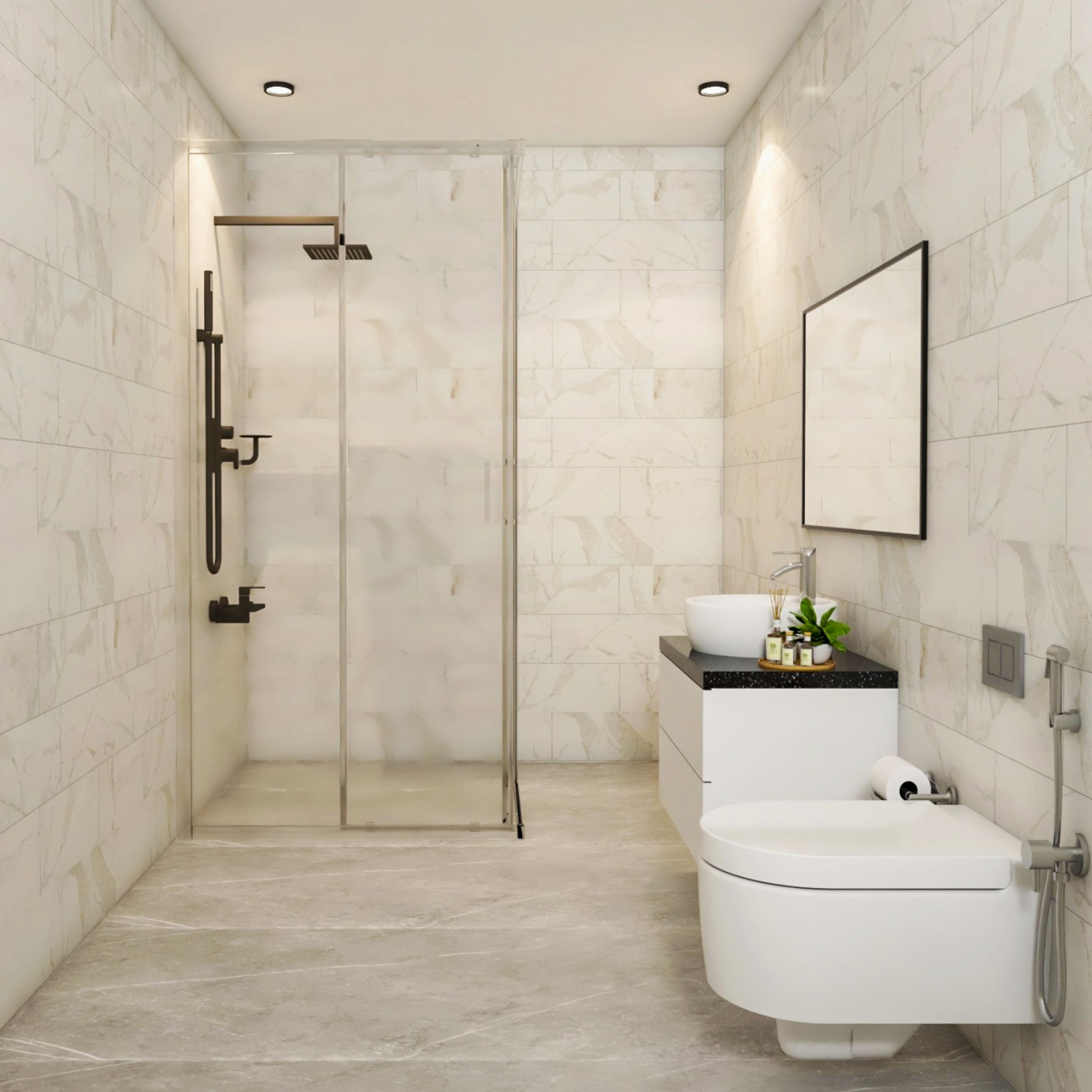 Cream And Grey Bathroom Design With Square Mirror | Livspace