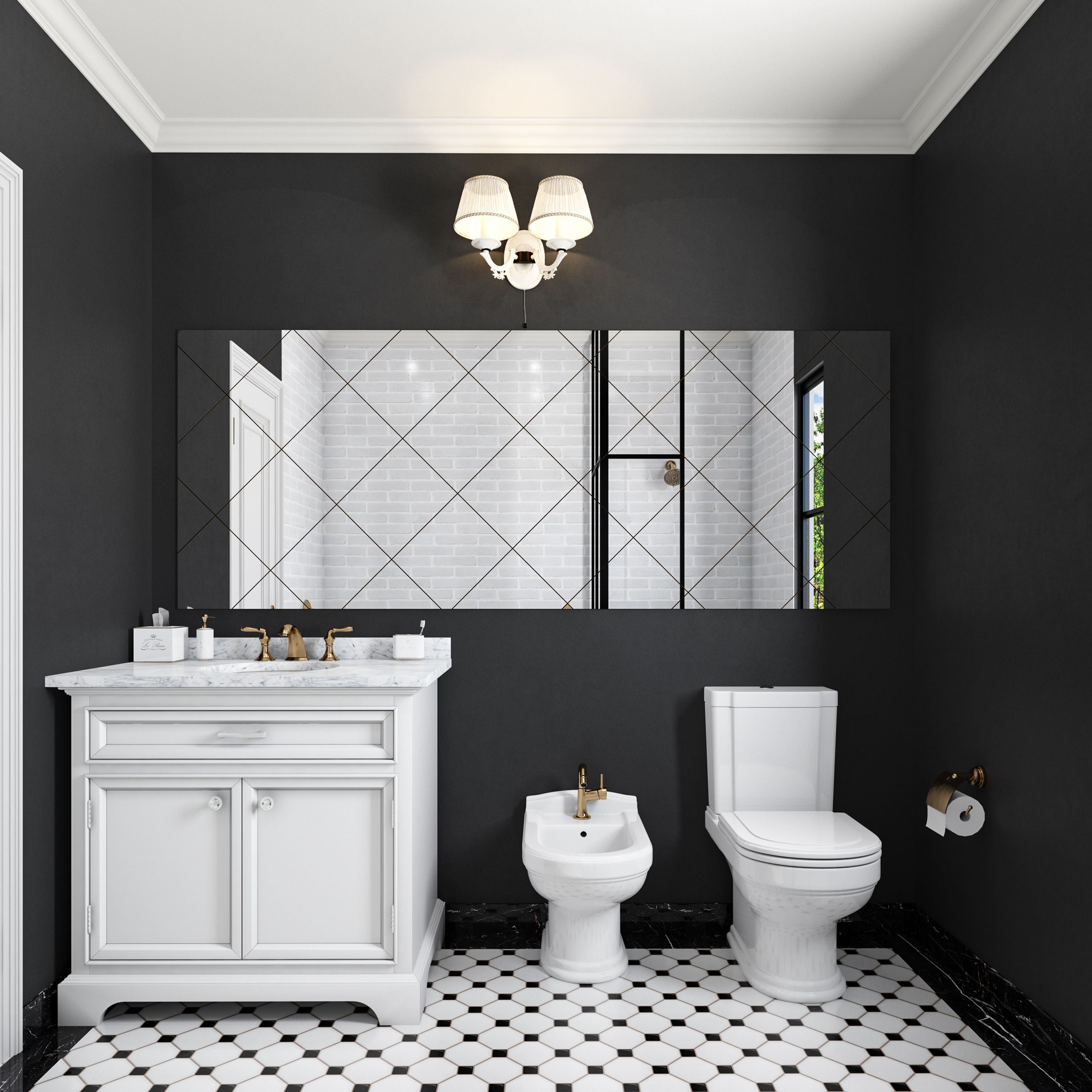 Classic Black and White Bathroom with Marble White Vanity | Livspace