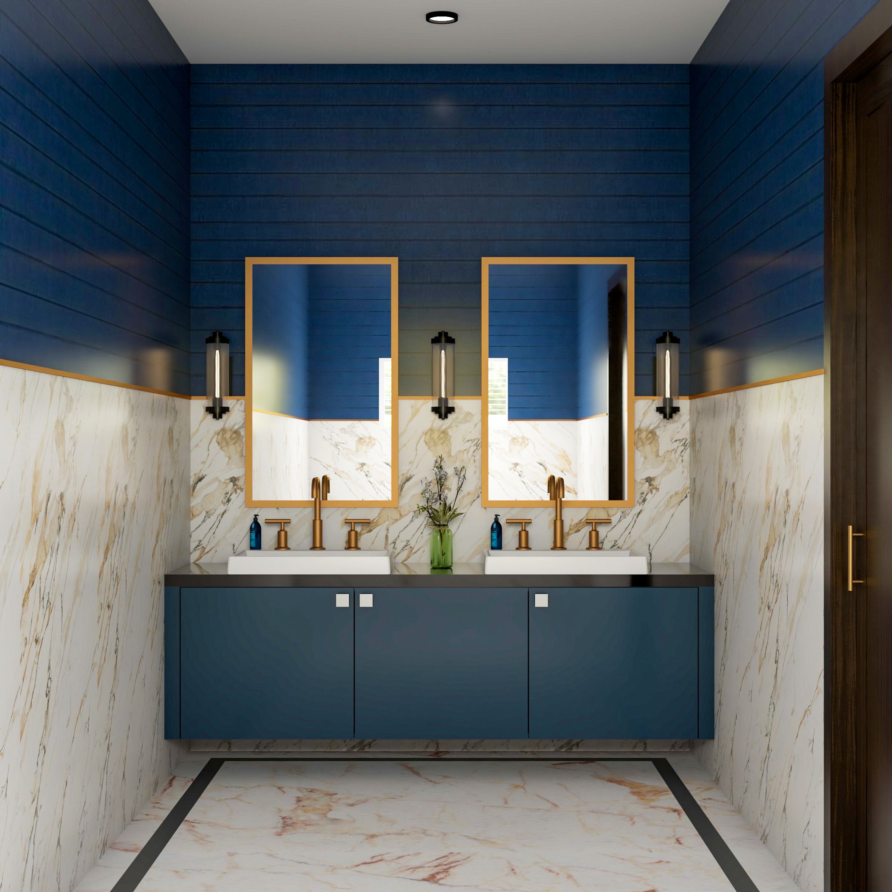 Blue And Wall Bathroom Tile Design With Golden Details | Livspace