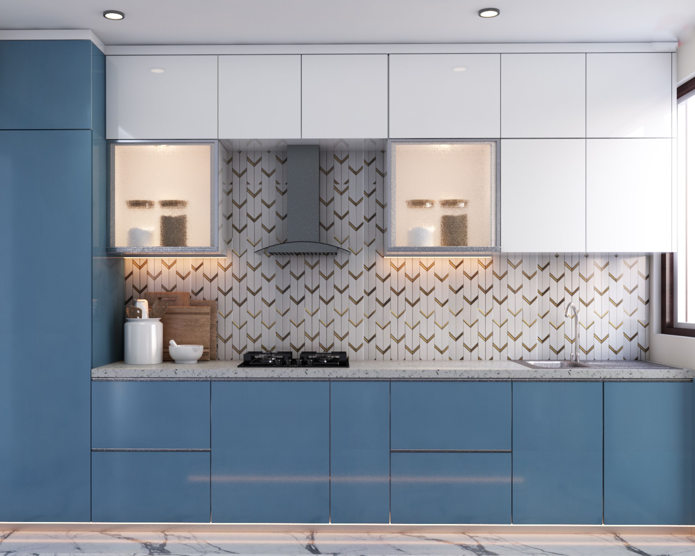 Modern Spacious Kitchen In Teal Blue And White 