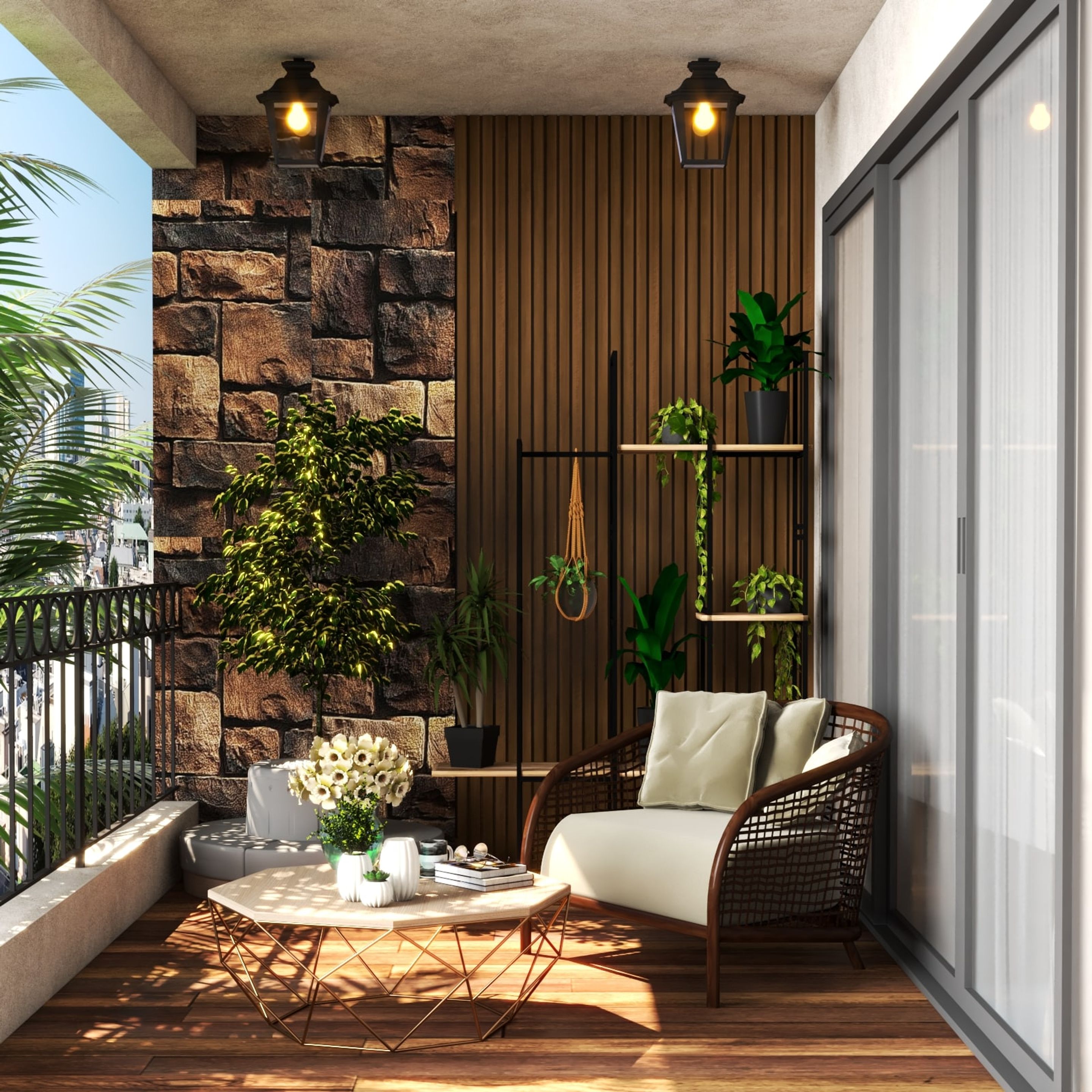 Spacious Tropical Balcony Design With Wooden Chair - 6X9 Ft | Livspace