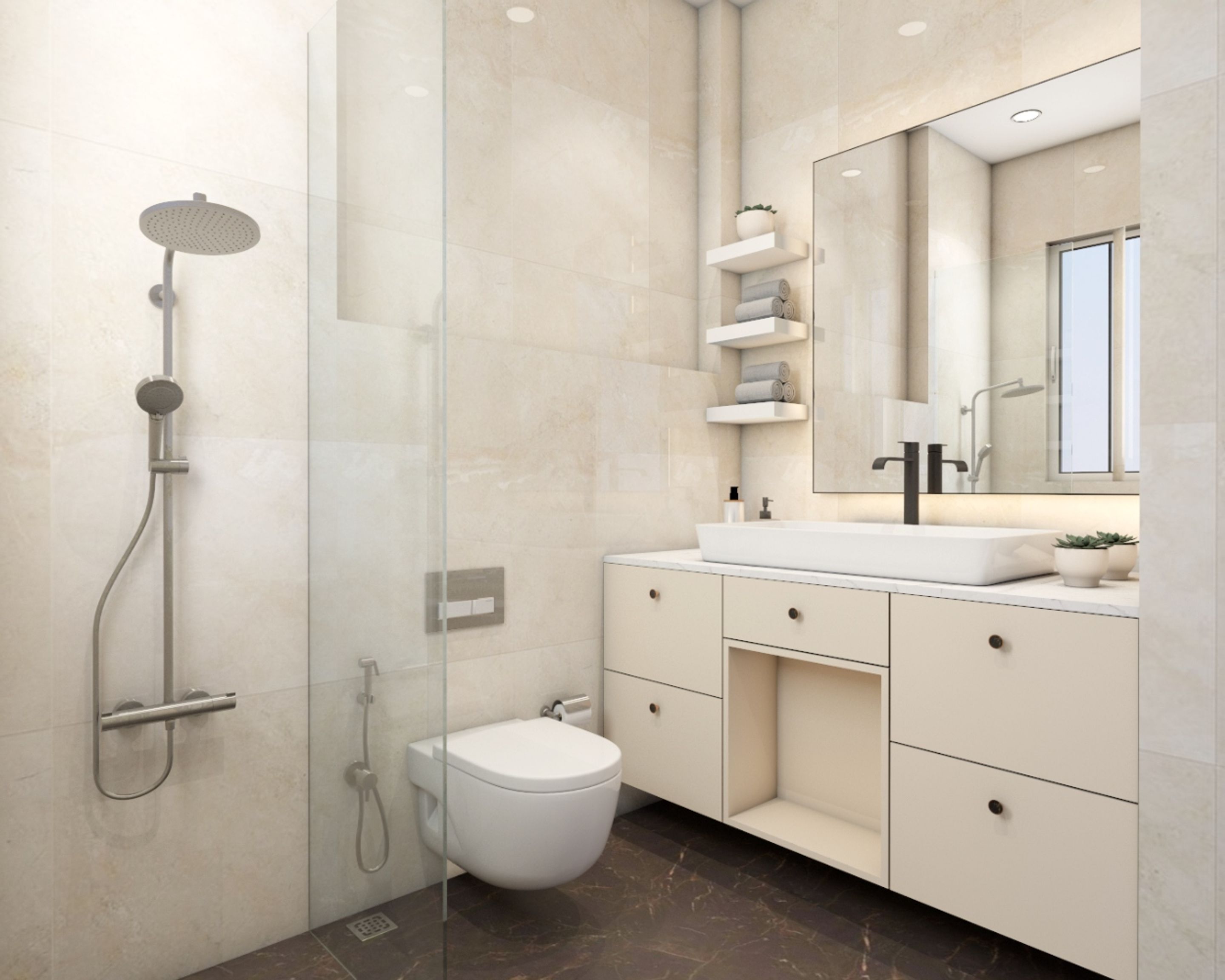 Compact Bathroom Design With Cream Tiles - 7X5 Ft | Livspace