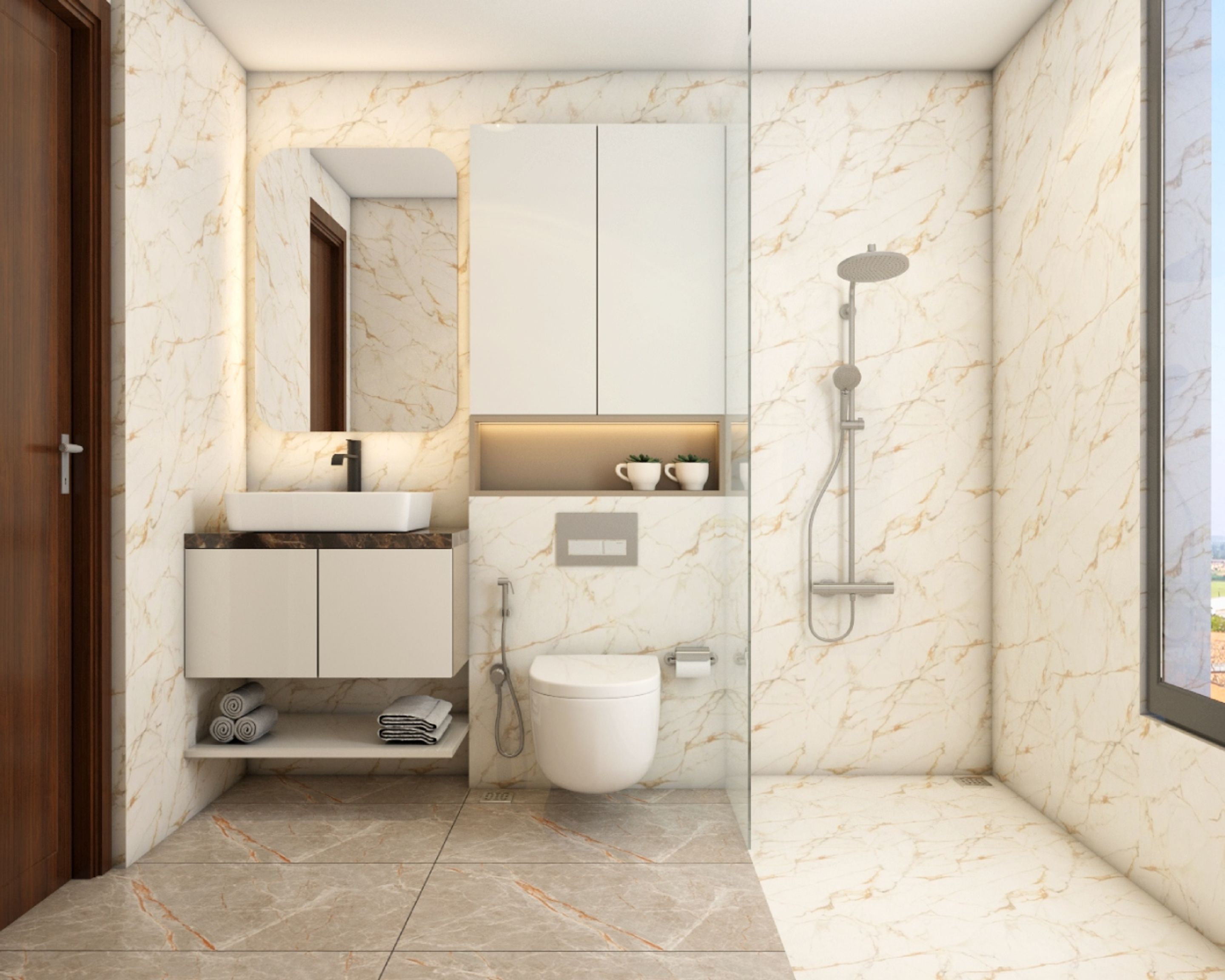 Compact White And Brown Bathroom Design With Modern Accents 8X5 Ft