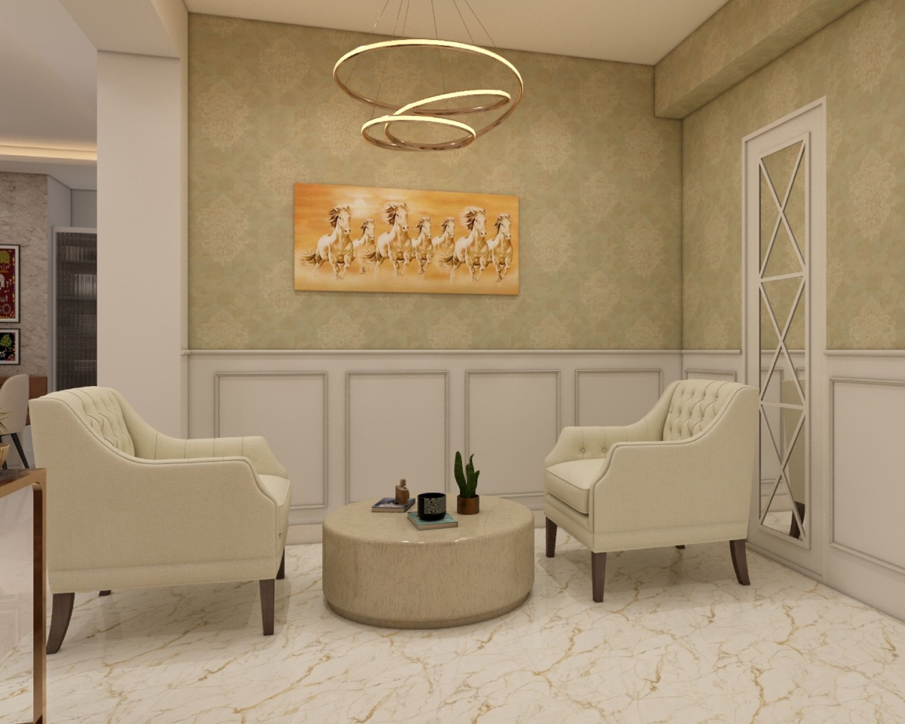Spacious Contemporary Foyer Design With Accent Chairs And Ornamental ...