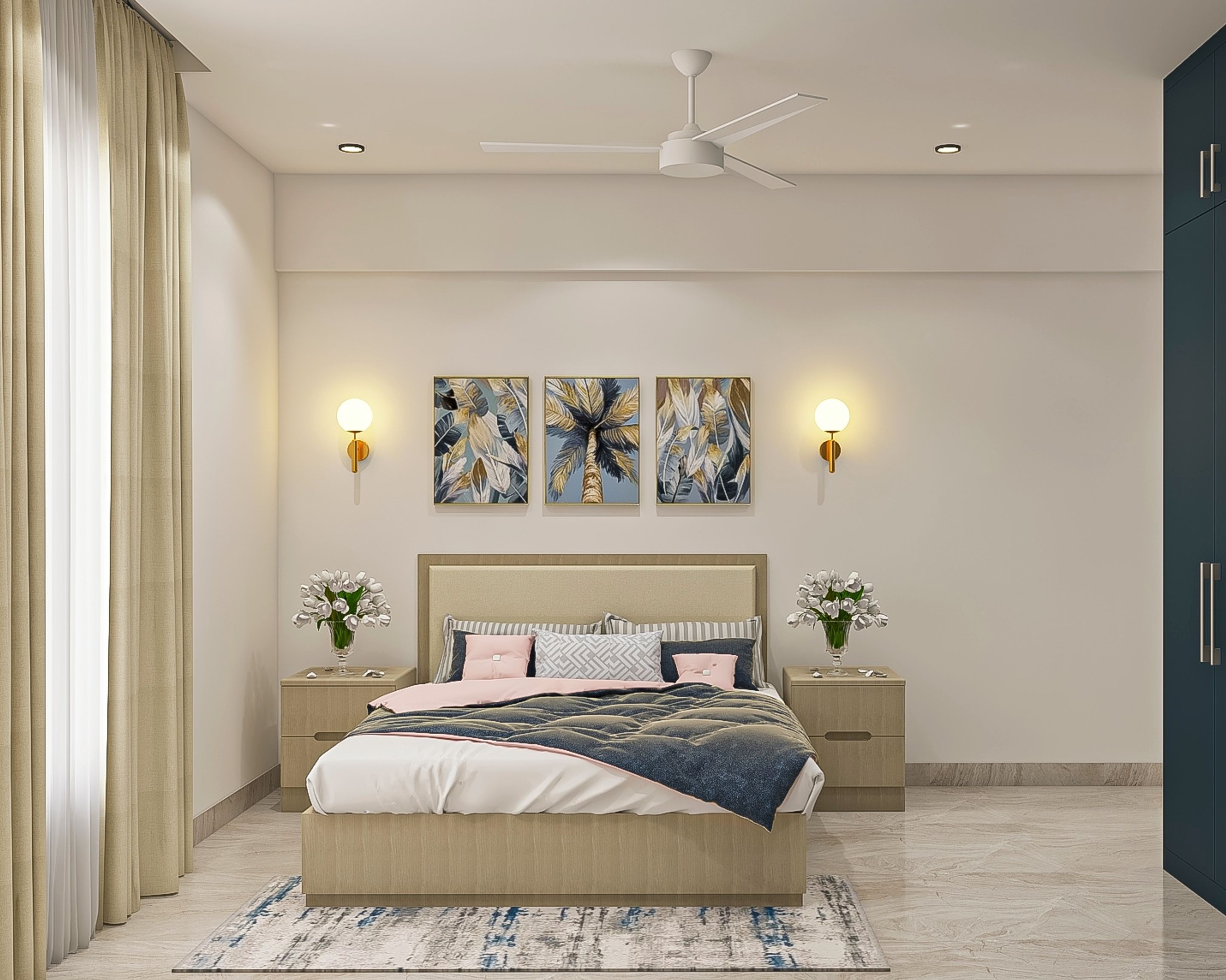 Spacious Beige And Blue Guest Room Design | Livspace
