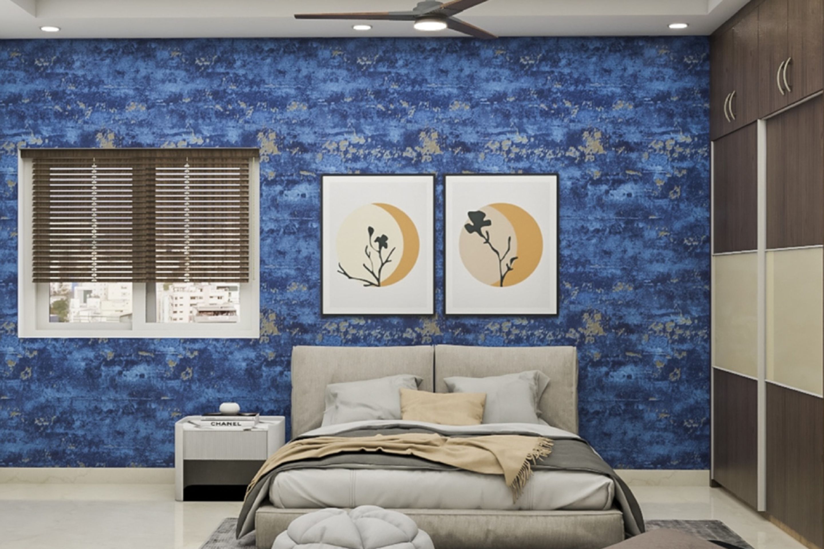 Dark Blue Wallpaper Design With Photo Frames For Bedrooms | Livspace