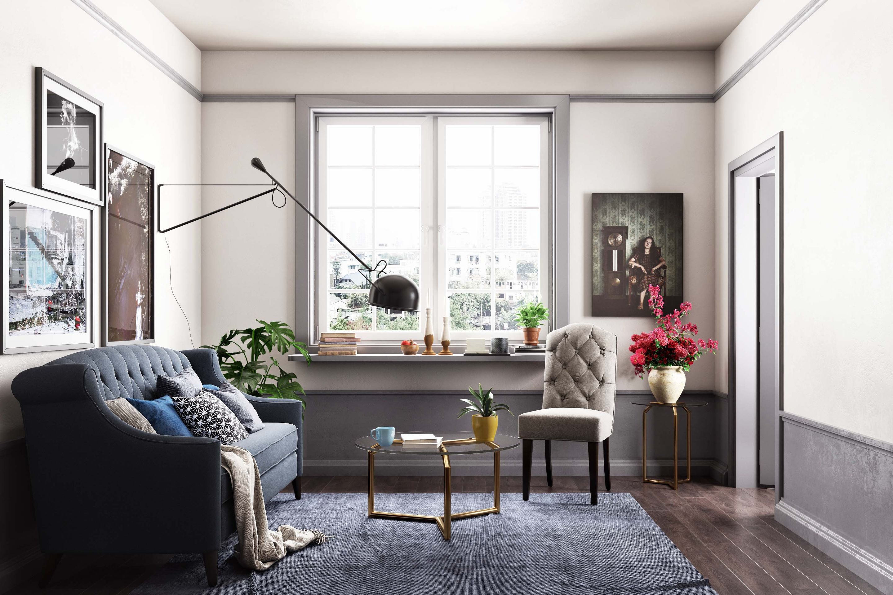 White And Grey Wall Design With Crown Molding Livspace