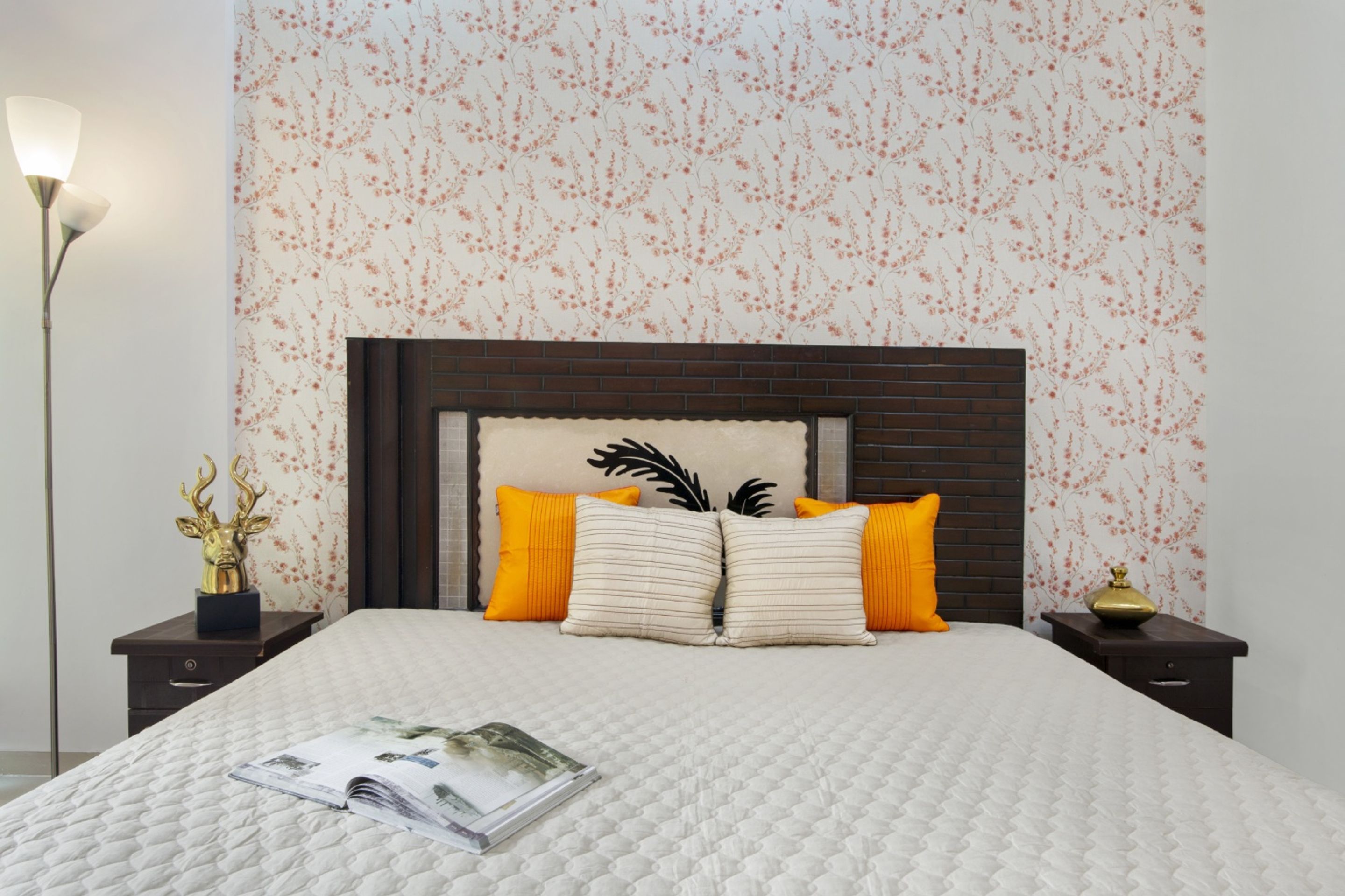White And Peach Floral Wallpaper For Bedroom Livspace