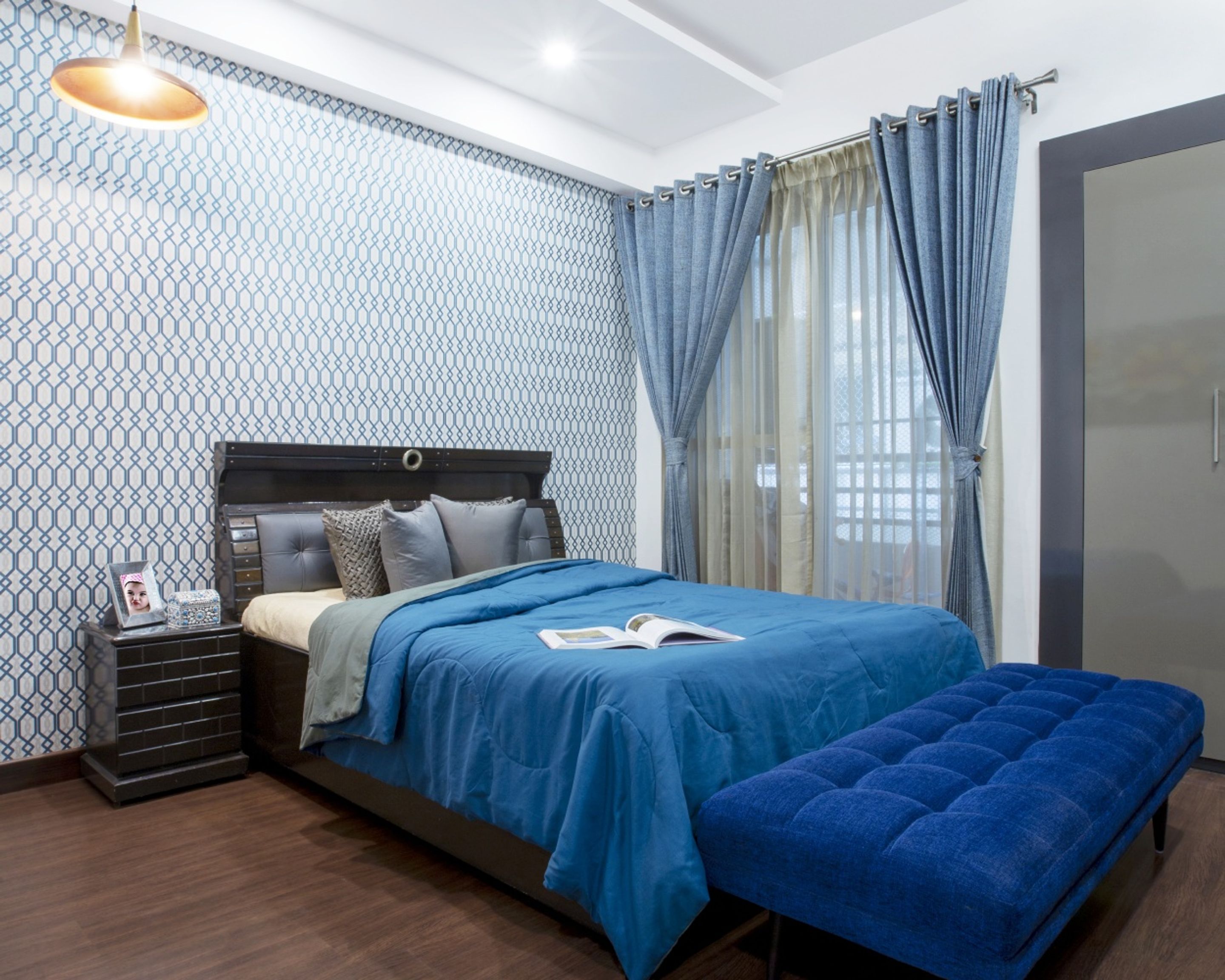White And Blue Patterned Wallpaper Design For Headboard Walls | Livspace